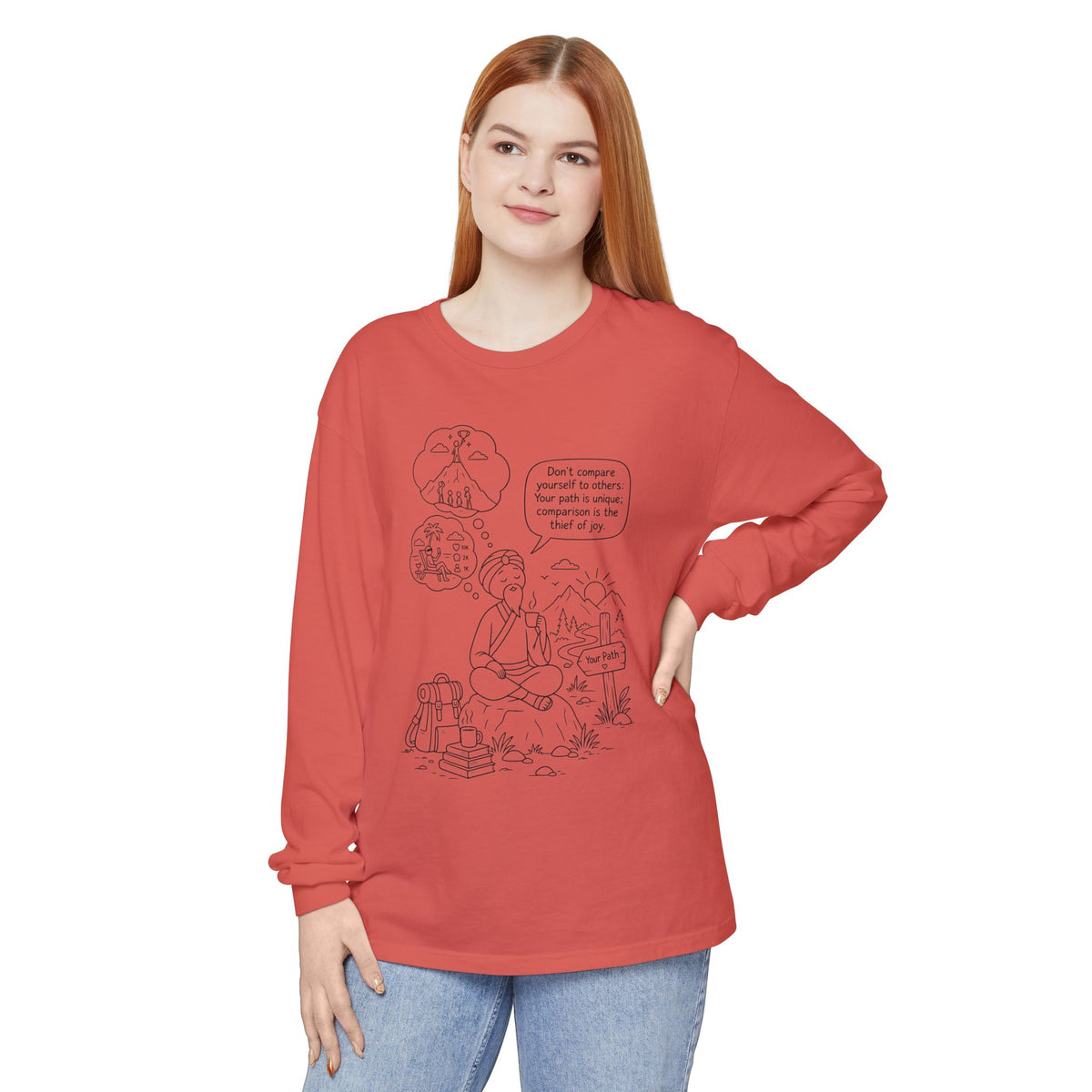 Hiker Comic Long Sleeve Tee — "Don’t Compare Yourself" Inspirational Outdoor Shirt