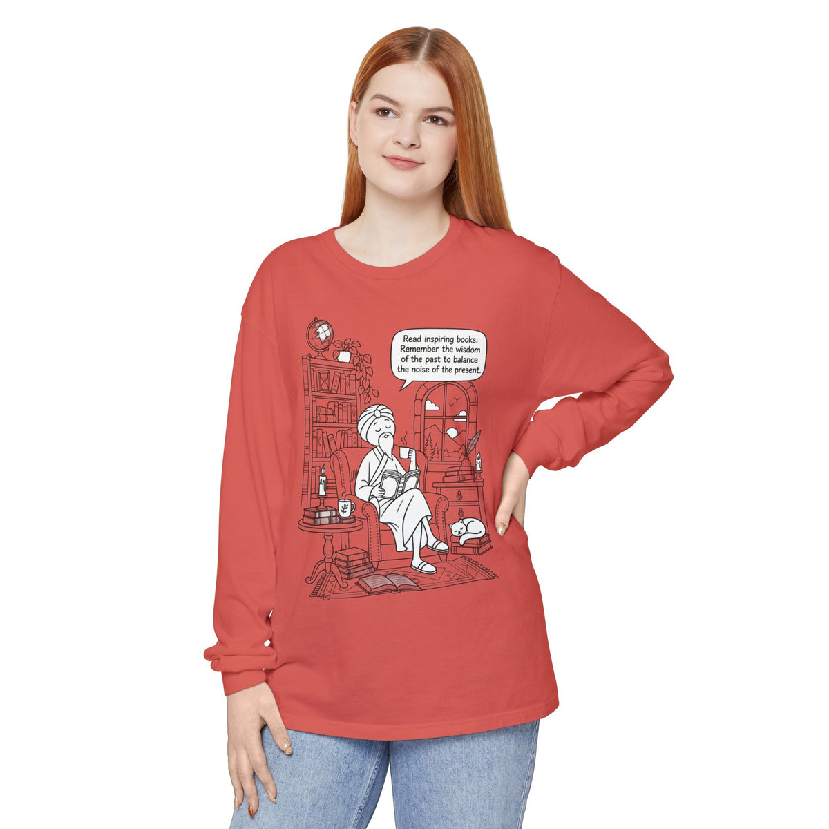 “Read inspiring books…” - Long Sleeve T‑Shirt — Cozy Reading Nook Design