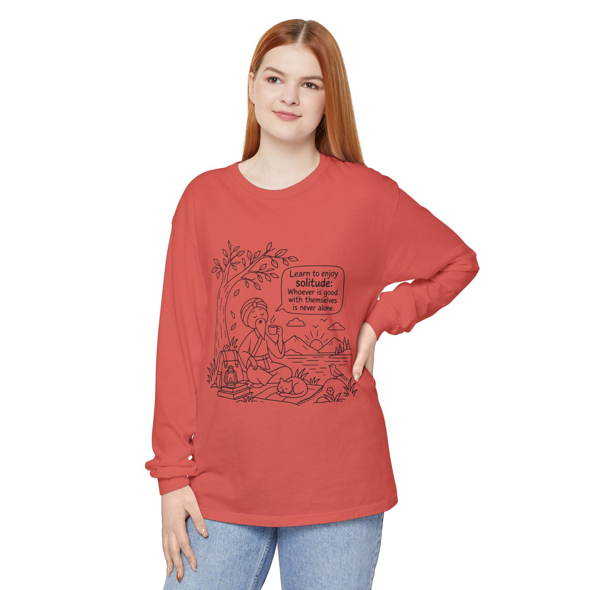 Long Sleeve T-Shirt — "Learn to Enjoy Solitude" Outdoor Meditation Graphic