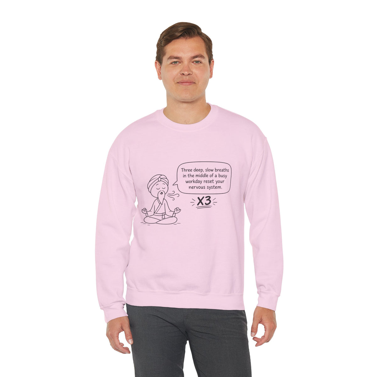 Cute Meditation Cartoon with Breathing Reminder "Three deep, slow breaths...) -Crewneck Sweatshirt