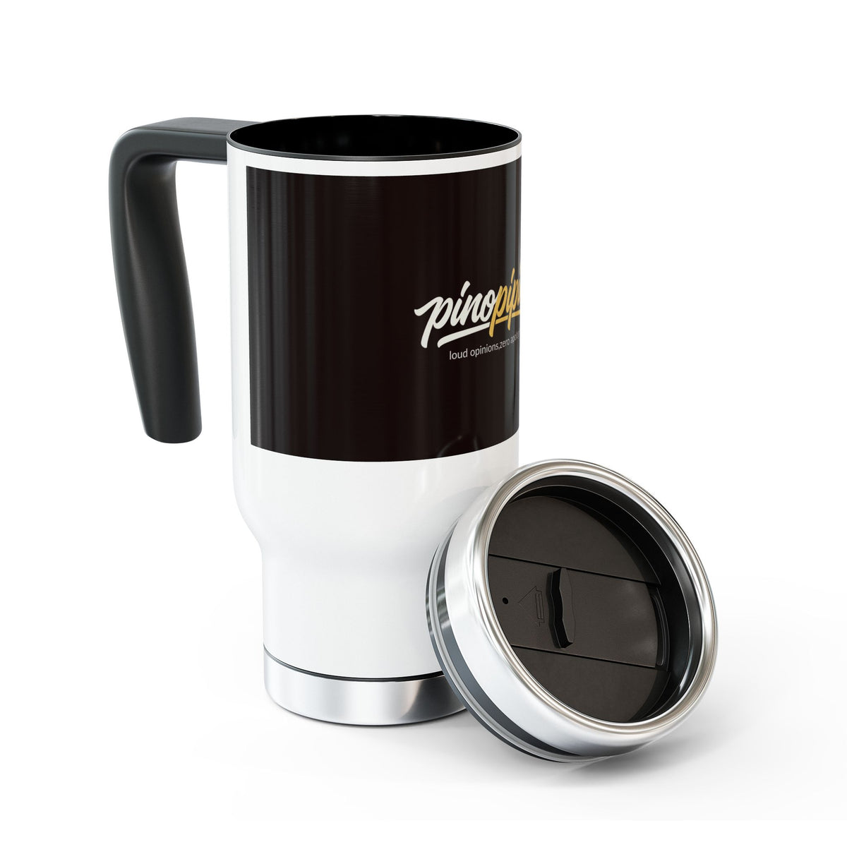 "pinppipino - loud opinions, zero aplologies" Stainless Steel Travel Mug with Handle, 14oz