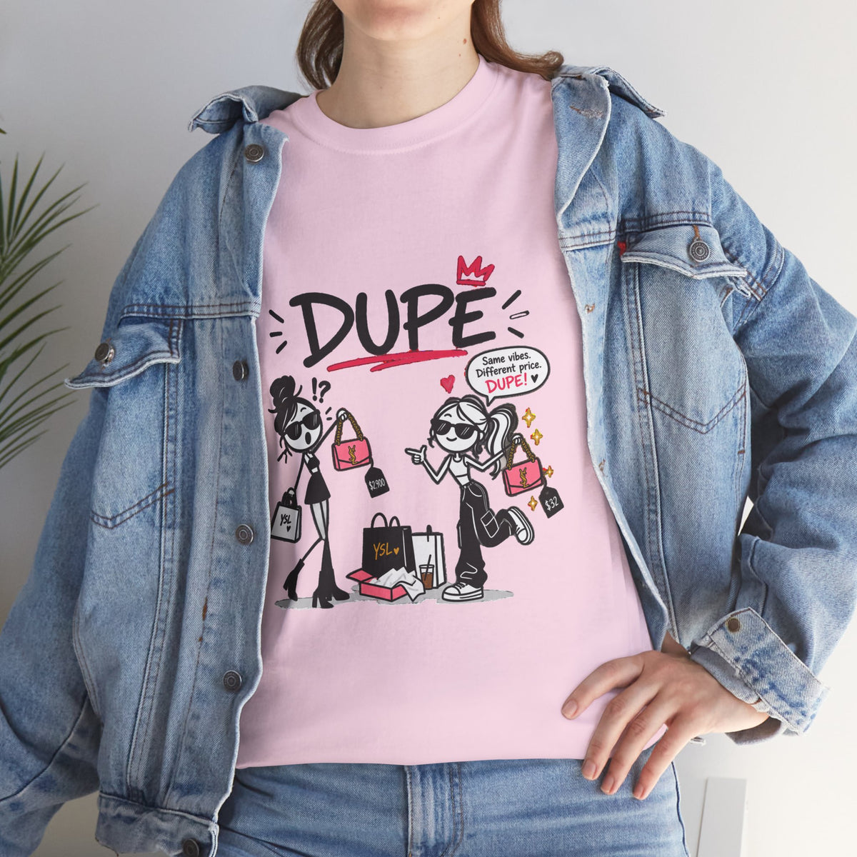 "Dupe" Shopping Cartoon Tee — Funny Gen Z Slang