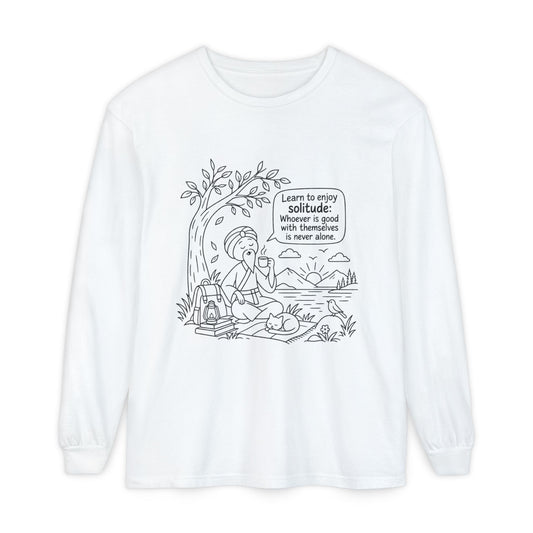 Long Sleeve T-Shirt — "Learn to Enjoy Solitude" Outdoor Meditation Graphic