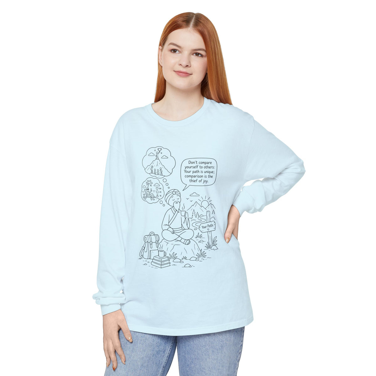 Hiker Comic Long Sleeve Tee — "Don’t Compare Yourself" Inspirational Outdoor Shirt