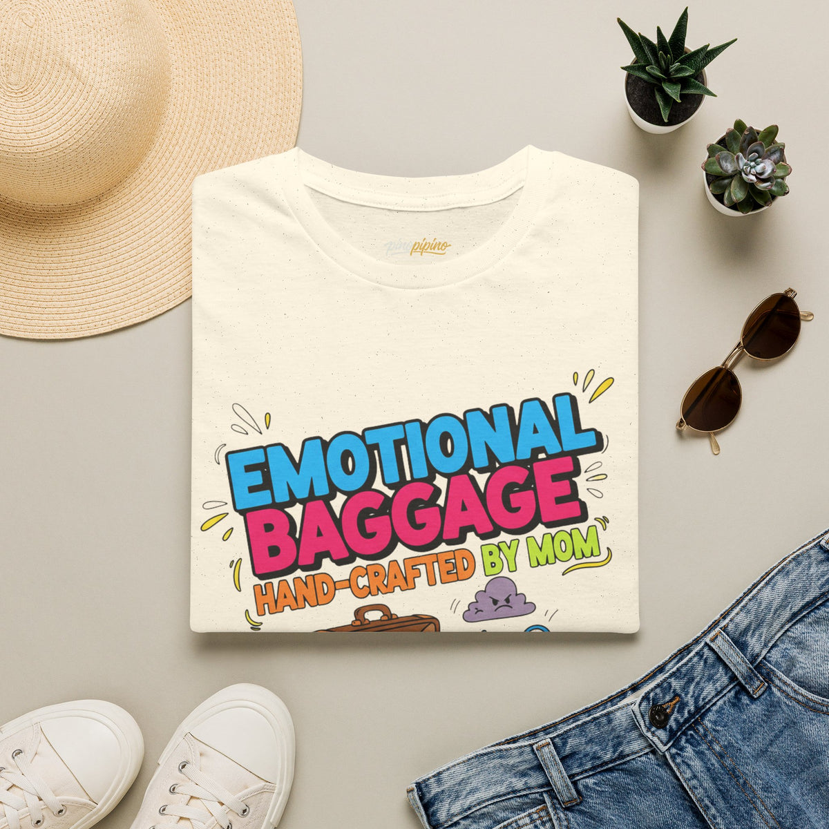 "Emotional Baggage T-Shirt — Hand-Crafted by Mom" Cute Cartoon Luggage Tee