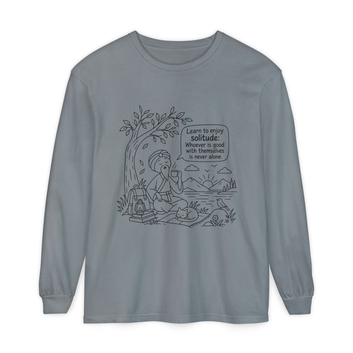 Long Sleeve T-Shirt — "Learn to Enjoy Solitude" Outdoor Meditation Graphic