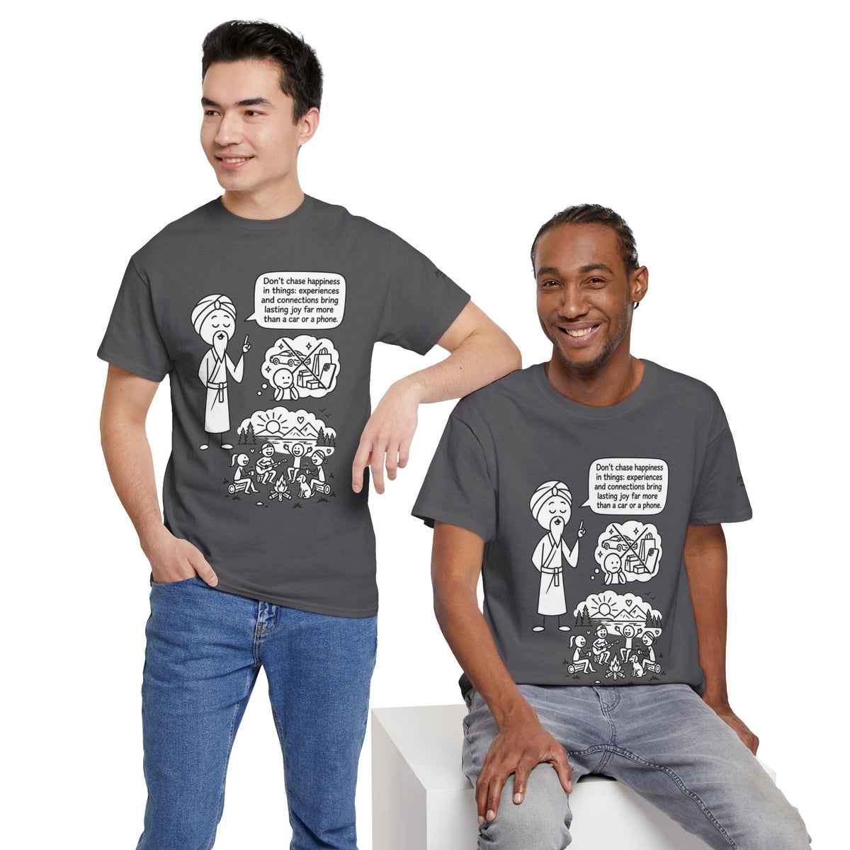 Mindful Graphic Tee – "Don't Chase Happiness in things" Illustration Shirt