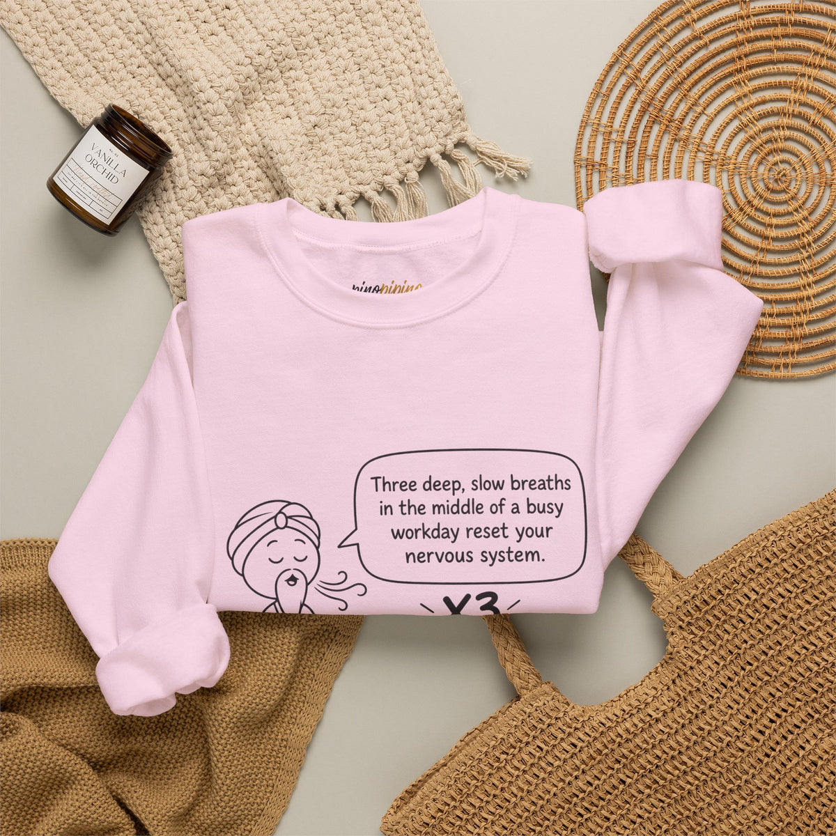 Cute Meditation Cartoon with Breathing Reminder "Three deep, slow breaths...) -Crewneck Sweatshirt