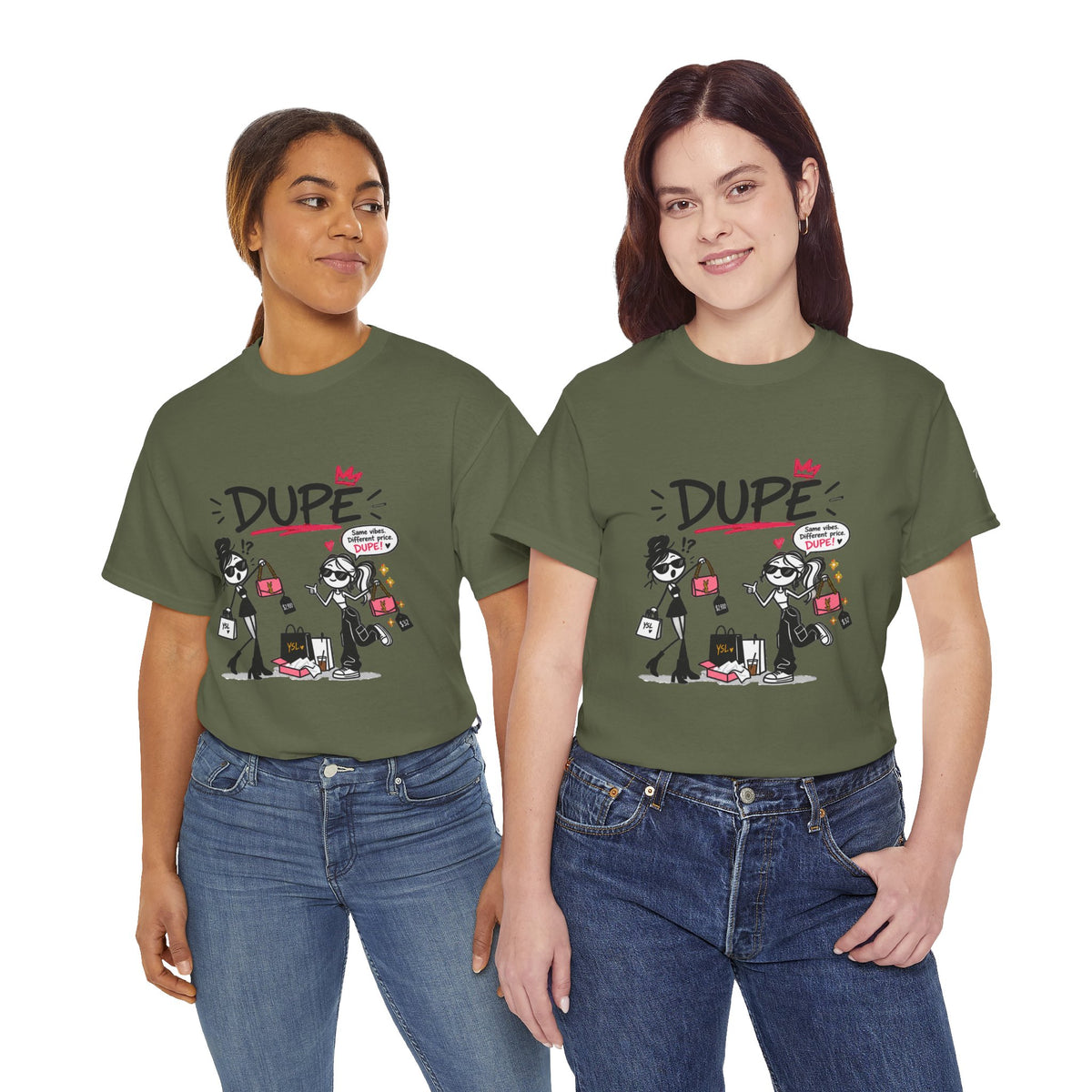 "Dupe" Shopping Cartoon Tee — Funny Gen Z Slang