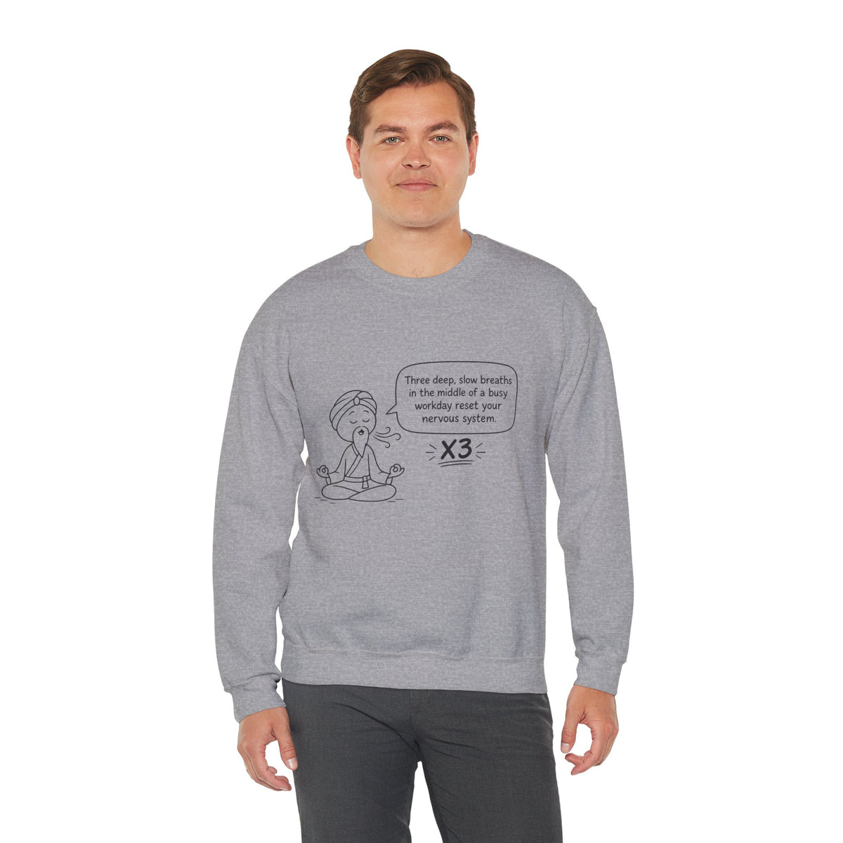 Cute Meditation Cartoon with Breathing Reminder "Three deep, slow breaths...) -Crewneck Sweatshirt