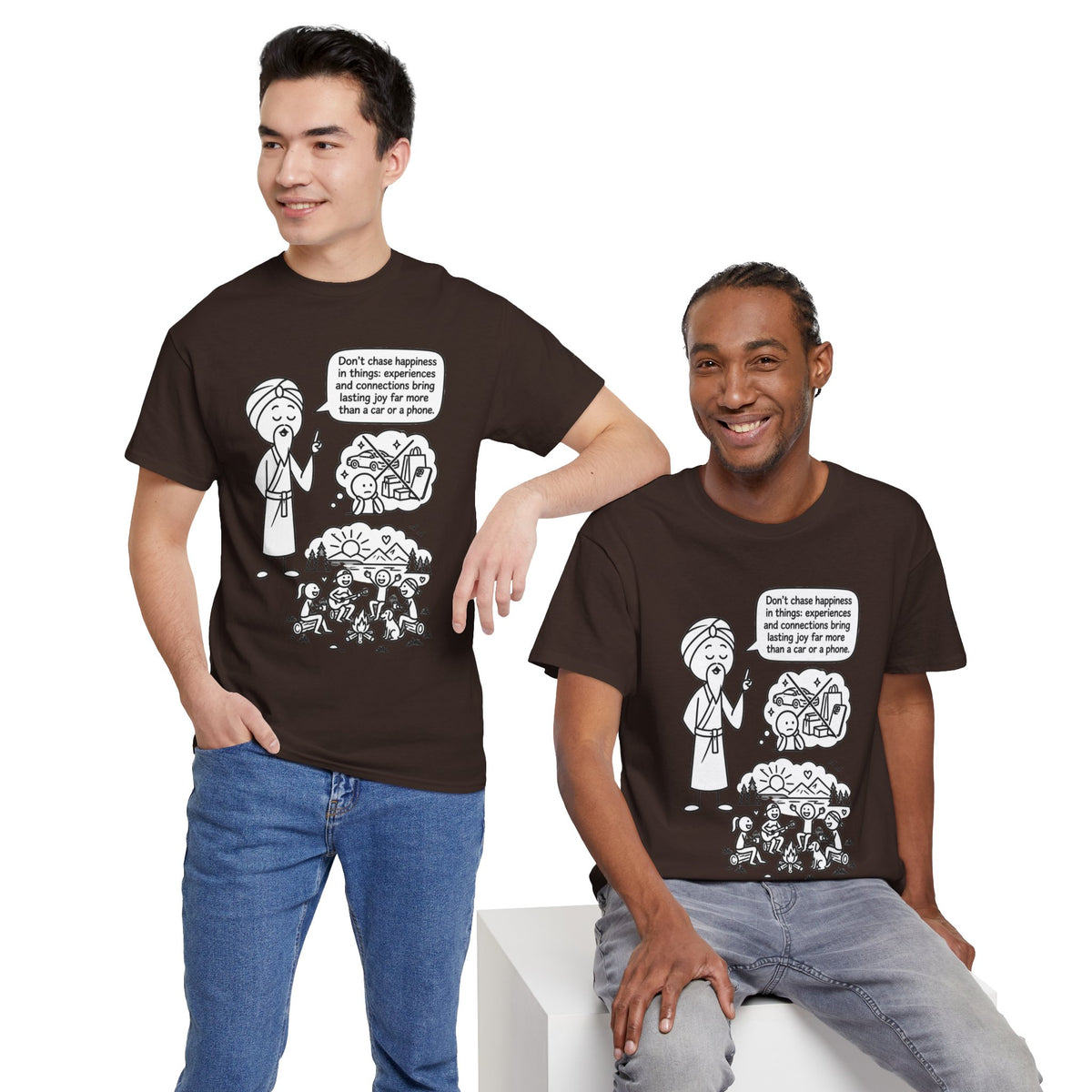 Mindful Graphic Tee – "Don't Chase Happiness in things" Illustration Shirt