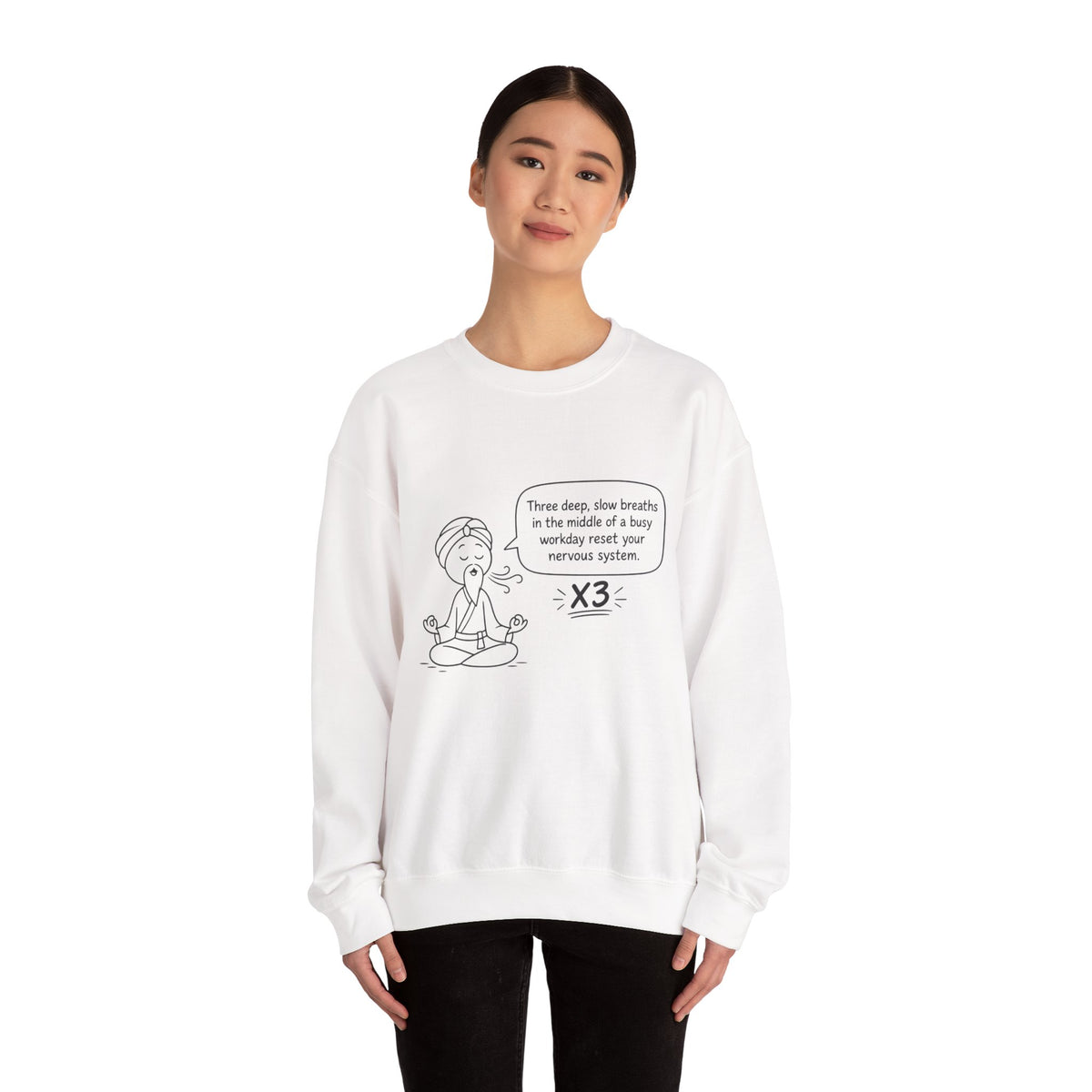 Cute Meditation Cartoon with Breathing Reminder "Three deep, slow breaths...) -Crewneck Sweatshirt