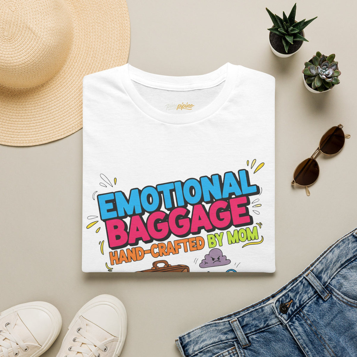 "Emotional Baggage T-Shirt — Hand-Crafted by Mom" Cute Cartoon Luggage Tee