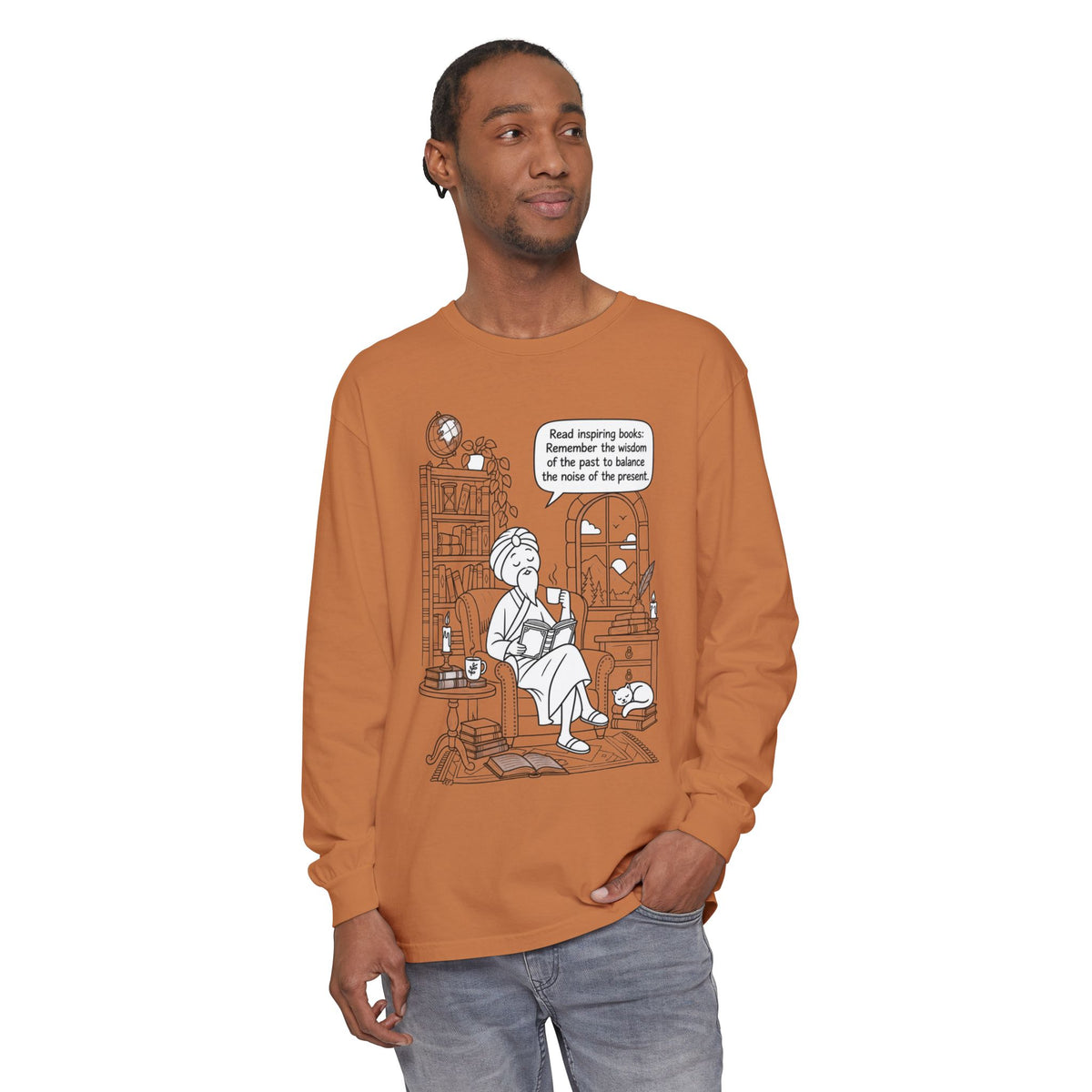 “Read inspiring books…” - Long Sleeve T‑Shirt — Cozy Reading Nook Design