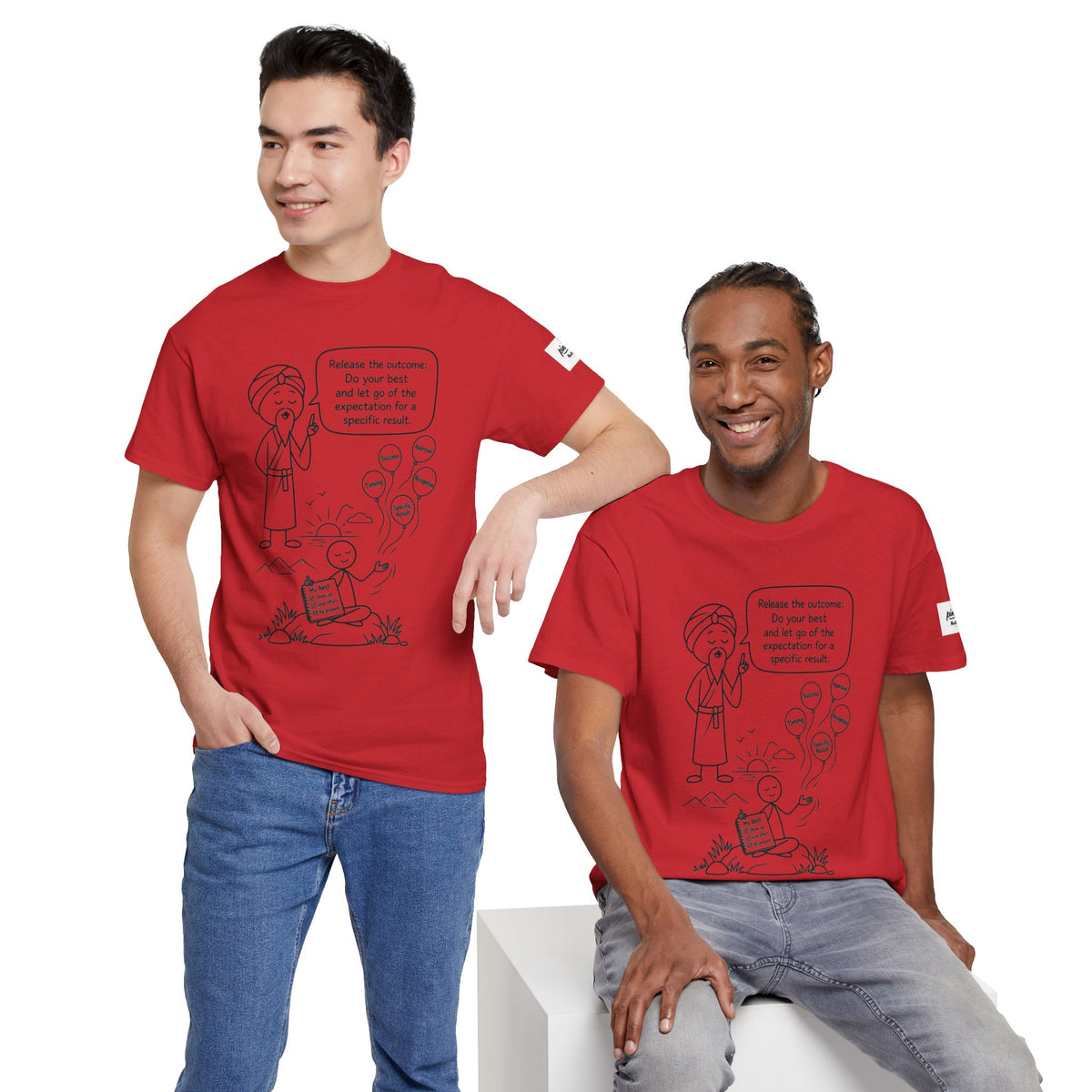 Spiritual Tee — “Release the Outcome” Cartoon Graphic T-Shirt