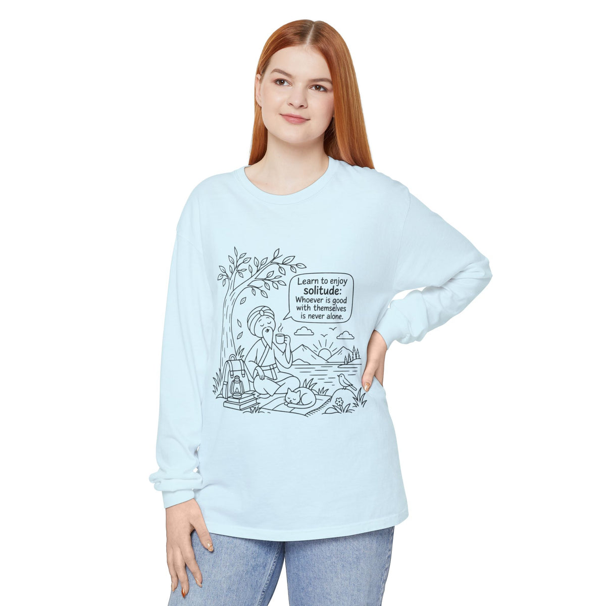 Long Sleeve T-Shirt — "Learn to Enjoy Solitude" Outdoor Meditation Graphic