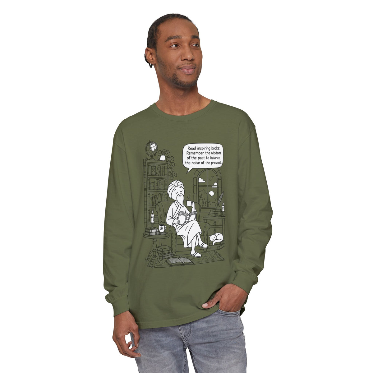 “Read inspiring books…” - Long Sleeve T‑Shirt — Cozy Reading Nook Design