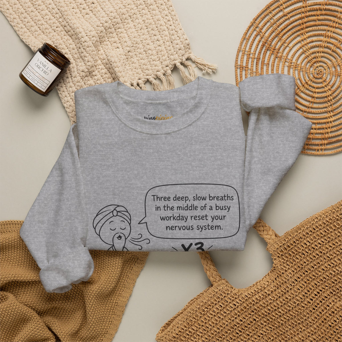 Cute Meditation Cartoon with Breathing Reminder "Three deep, slow breaths...) -Crewneck Sweatshirt