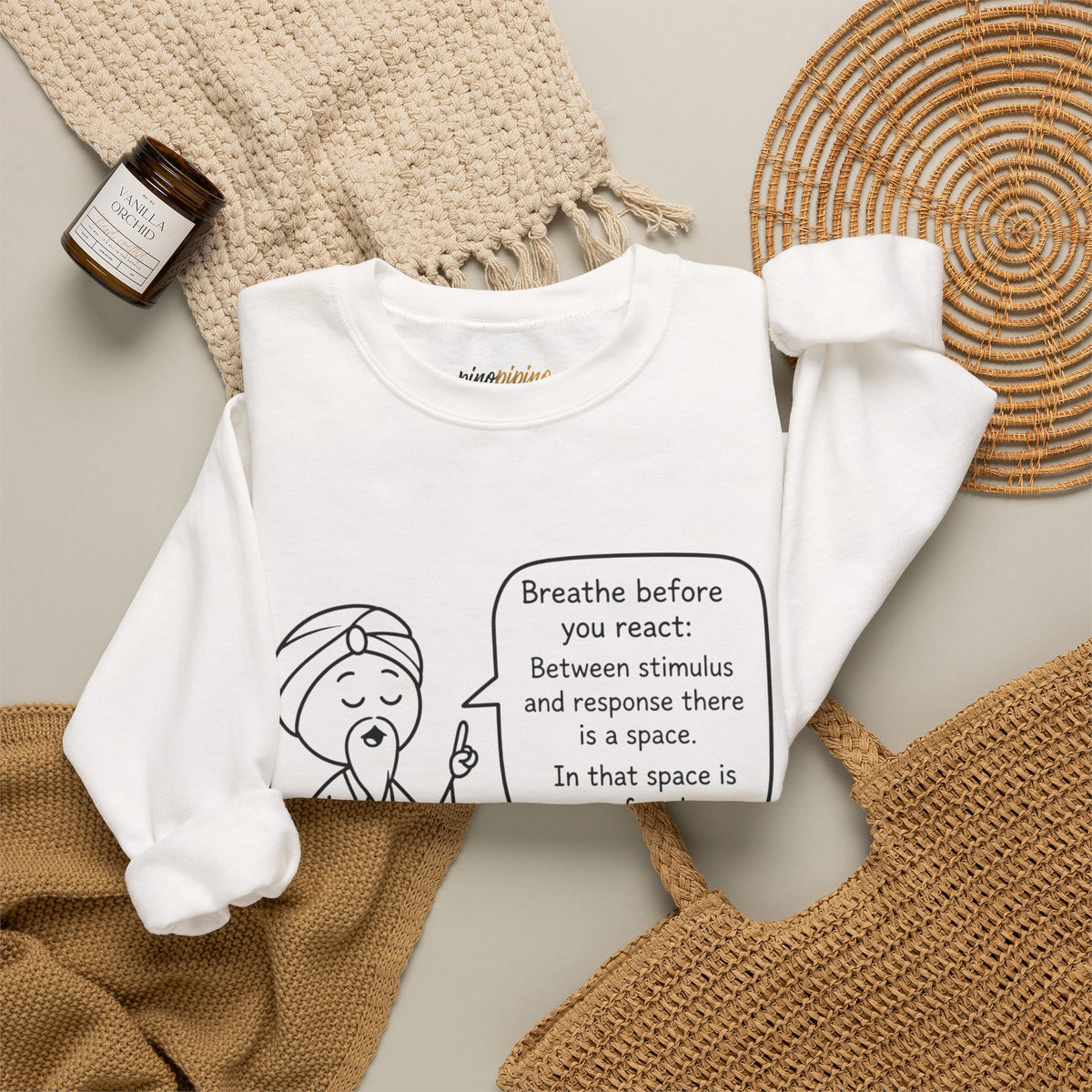 "Breathe before you react" Meditation Design - Mindful Crewneck Sweatshirt