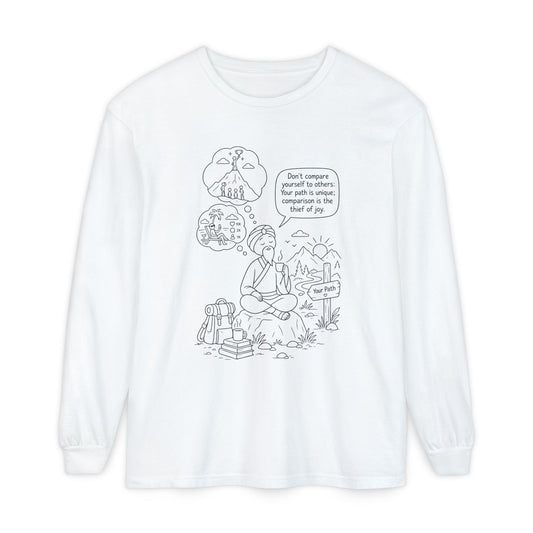 Hiker Comic Long Sleeve Tee — "Don’t Compare Yourself" Inspirational Outdoor Shirt