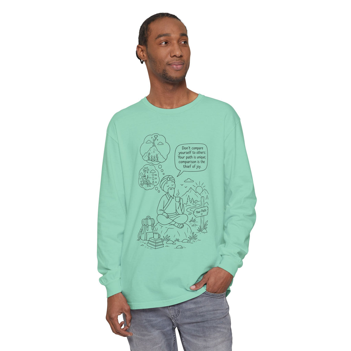 Hiker Comic Long Sleeve Tee — "Don’t Compare Yourself" Inspirational Outdoor Shirt