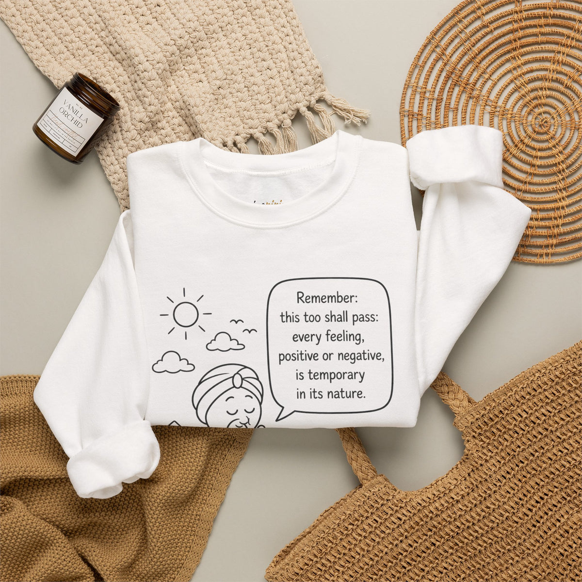 Inspirational Quote Crewneck Sweatshirt — "Remember this too shall pass" Minimal Line Art