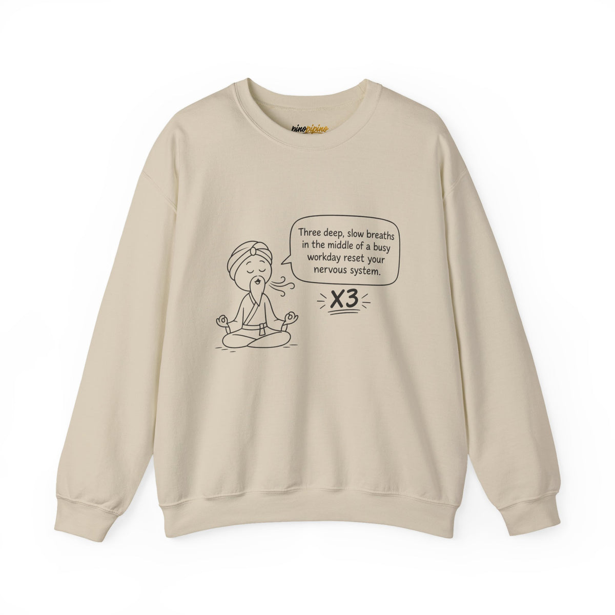 Cute Meditation Cartoon with Breathing Reminder "Three deep, slow breaths...) -Crewneck Sweatshirt