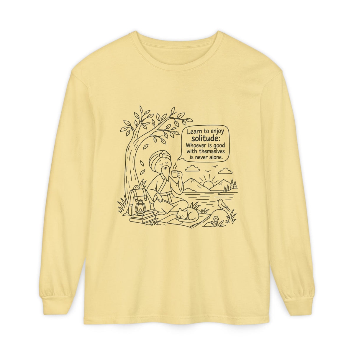 Long Sleeve T-Shirt — "Learn to Enjoy Solitude" Outdoor Meditation Graphic