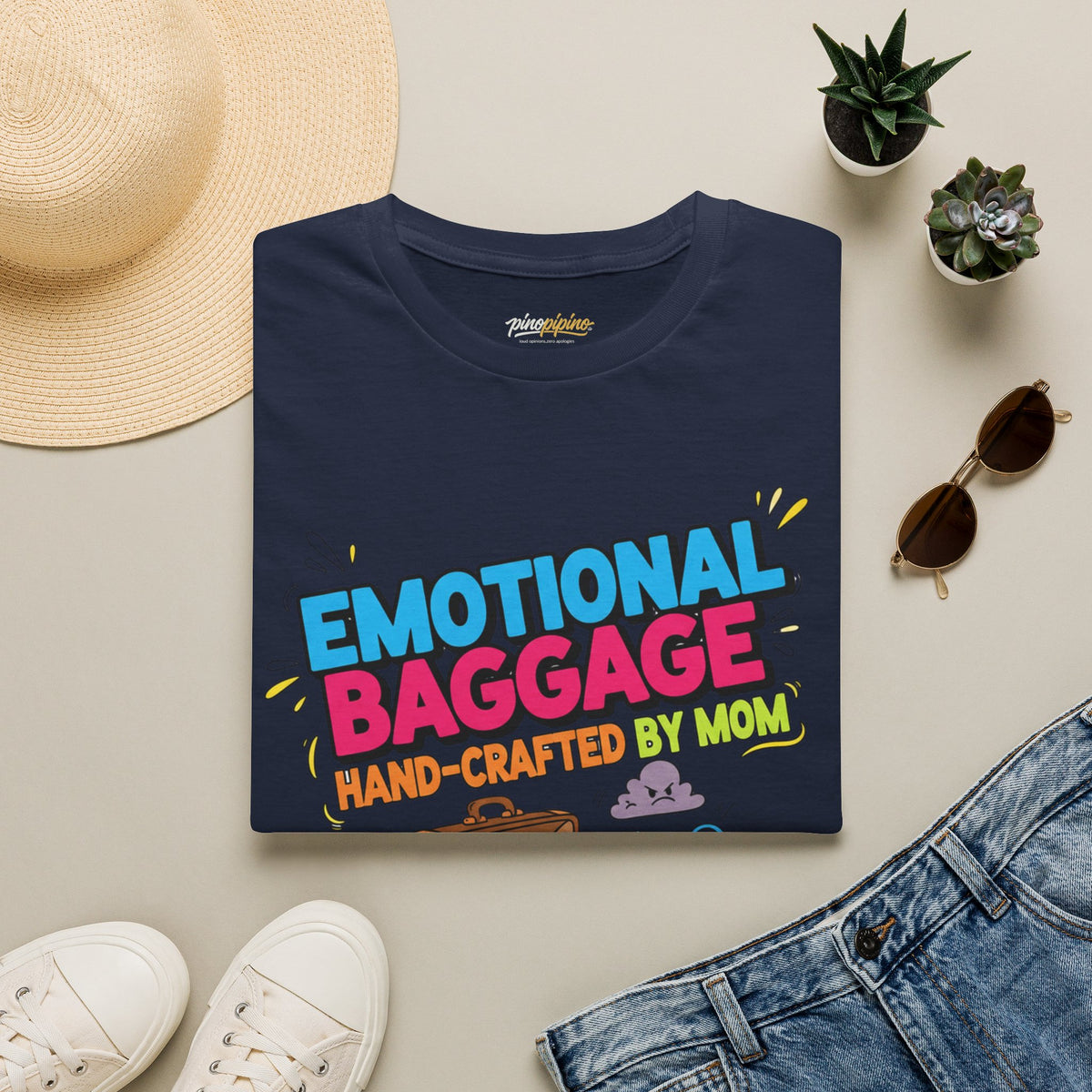 "Emotional Baggage T-Shirt — Hand-Crafted by Mom" Cute Cartoon Luggage Tee