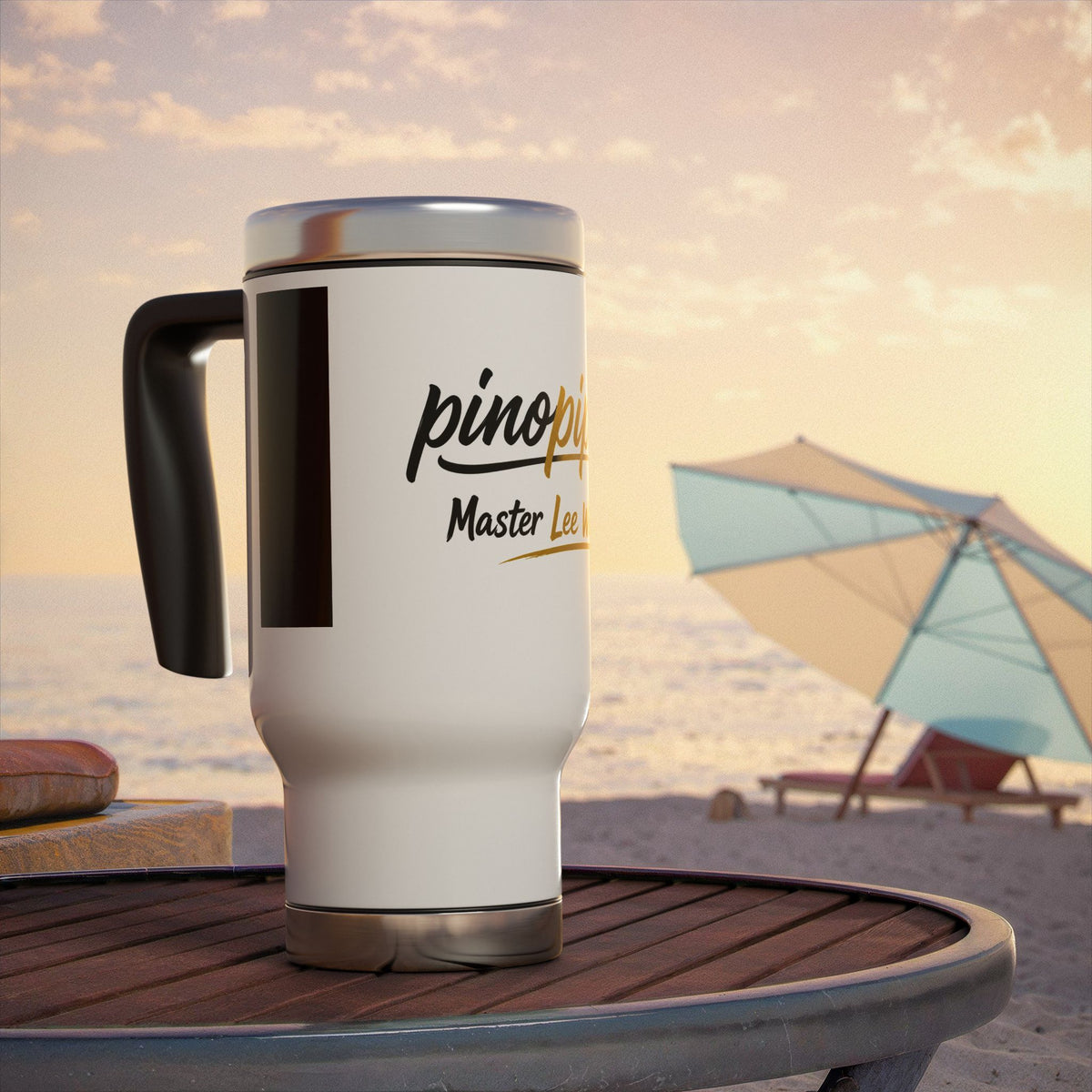 "pinppipino - Master Lee's Wisdom" Stainless Steel Travel Mug with Handle, 14oz