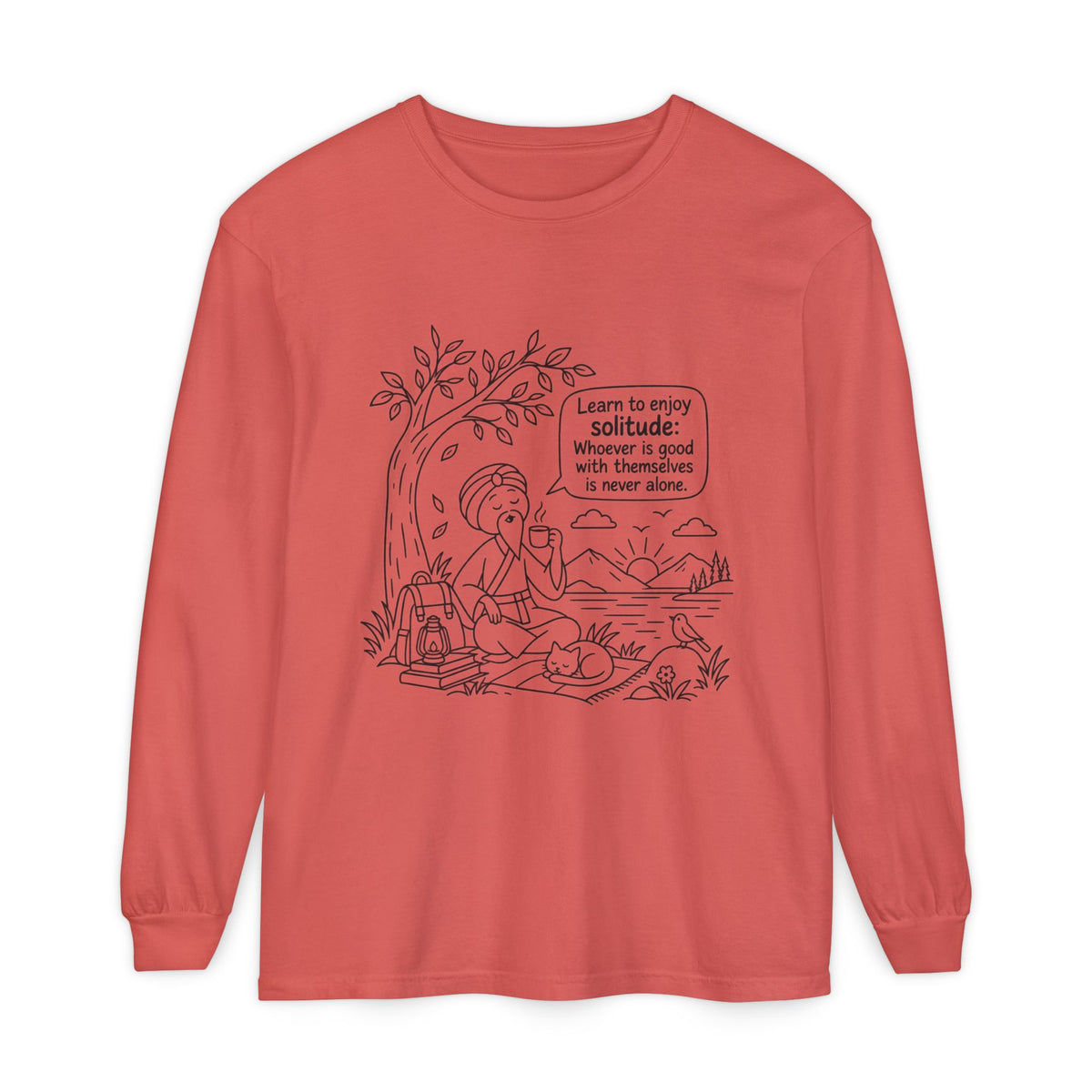Long Sleeve T-Shirt — "Learn to Enjoy Solitude" Outdoor Meditation Graphic
