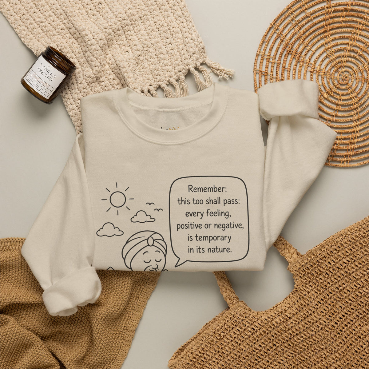 Inspirational Quote Crewneck Sweatshirt — "Remember this too shall pass" Minimal Line Art