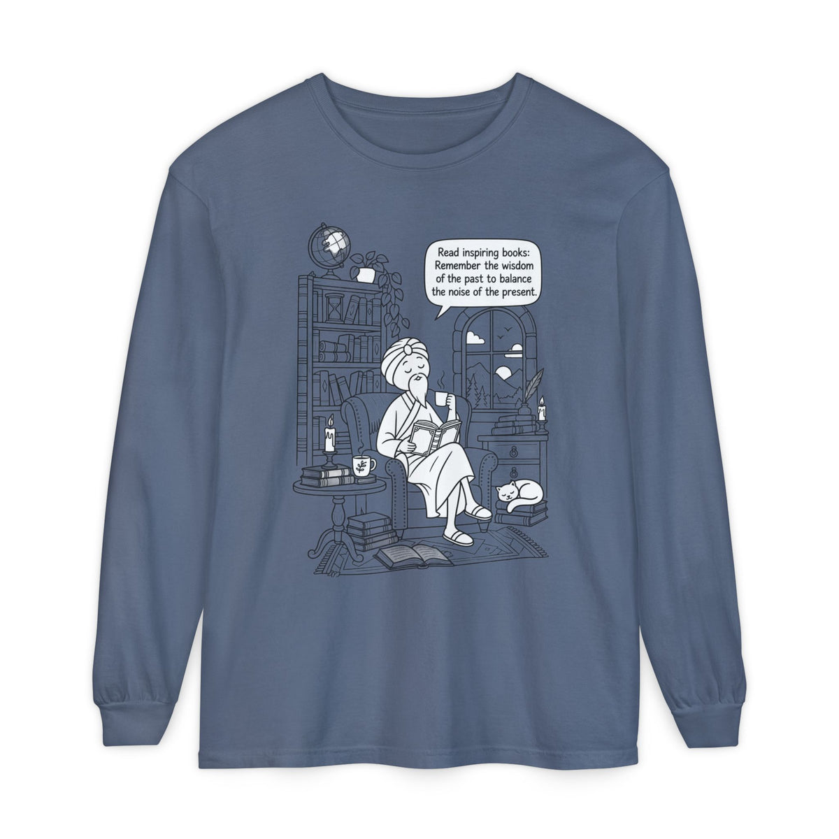 “Read inspiring books…” - Long Sleeve T‑Shirt — Cozy Reading Nook Design