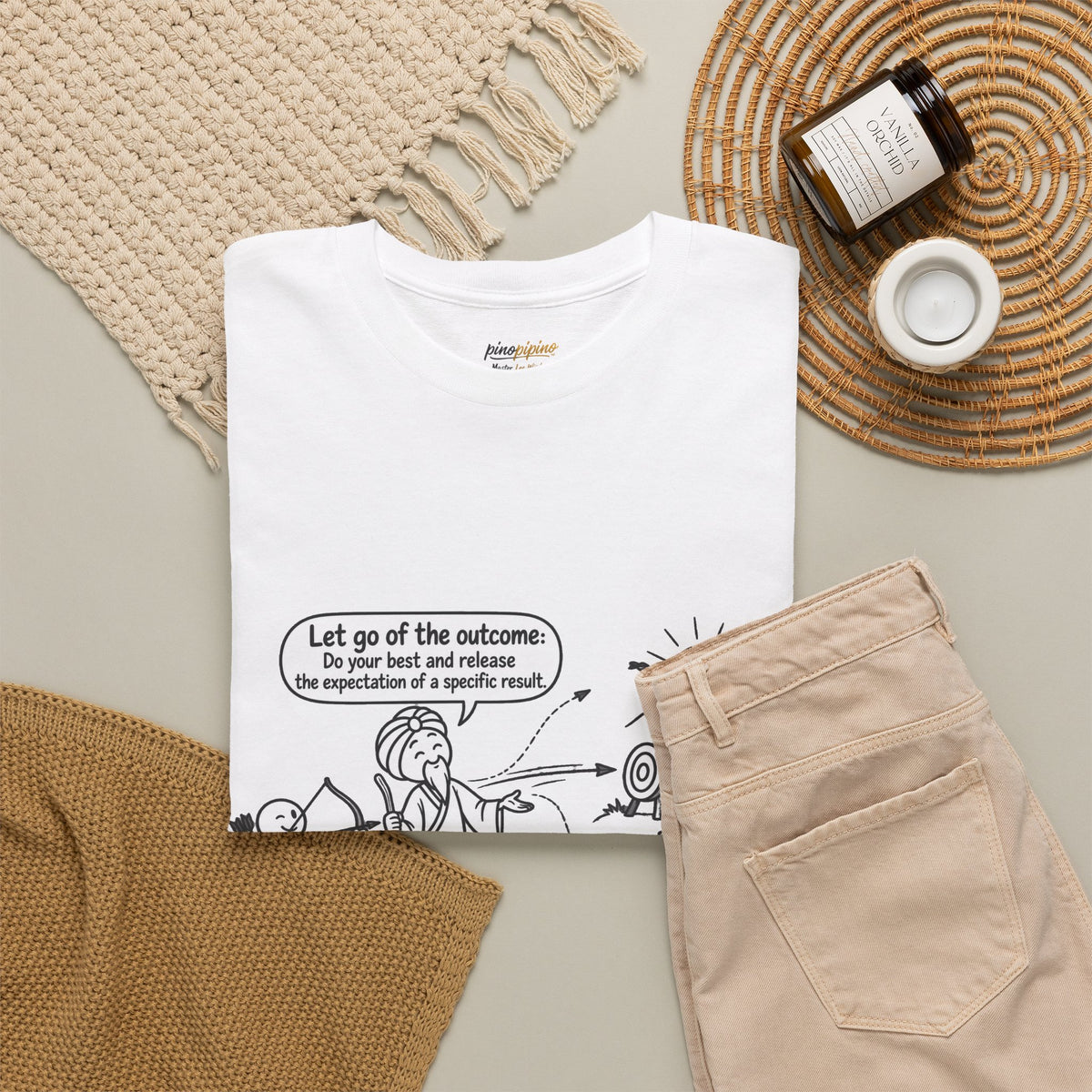 T-Shirt — Cartoon Zen Comic: "Let go of the outcome" Mindfulness Tee