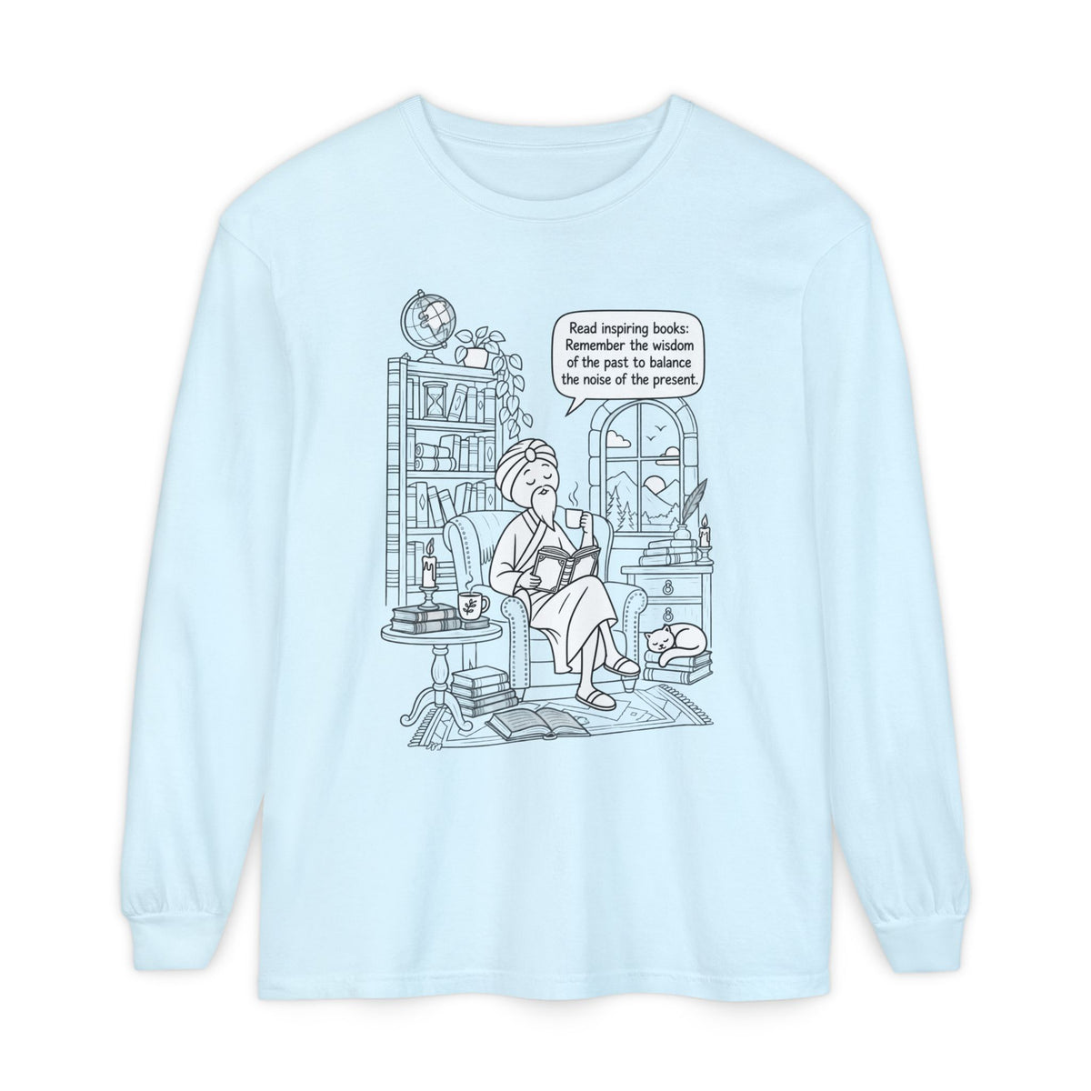 “Read inspiring books…” - Long Sleeve T‑Shirt — Cozy Reading Nook Design