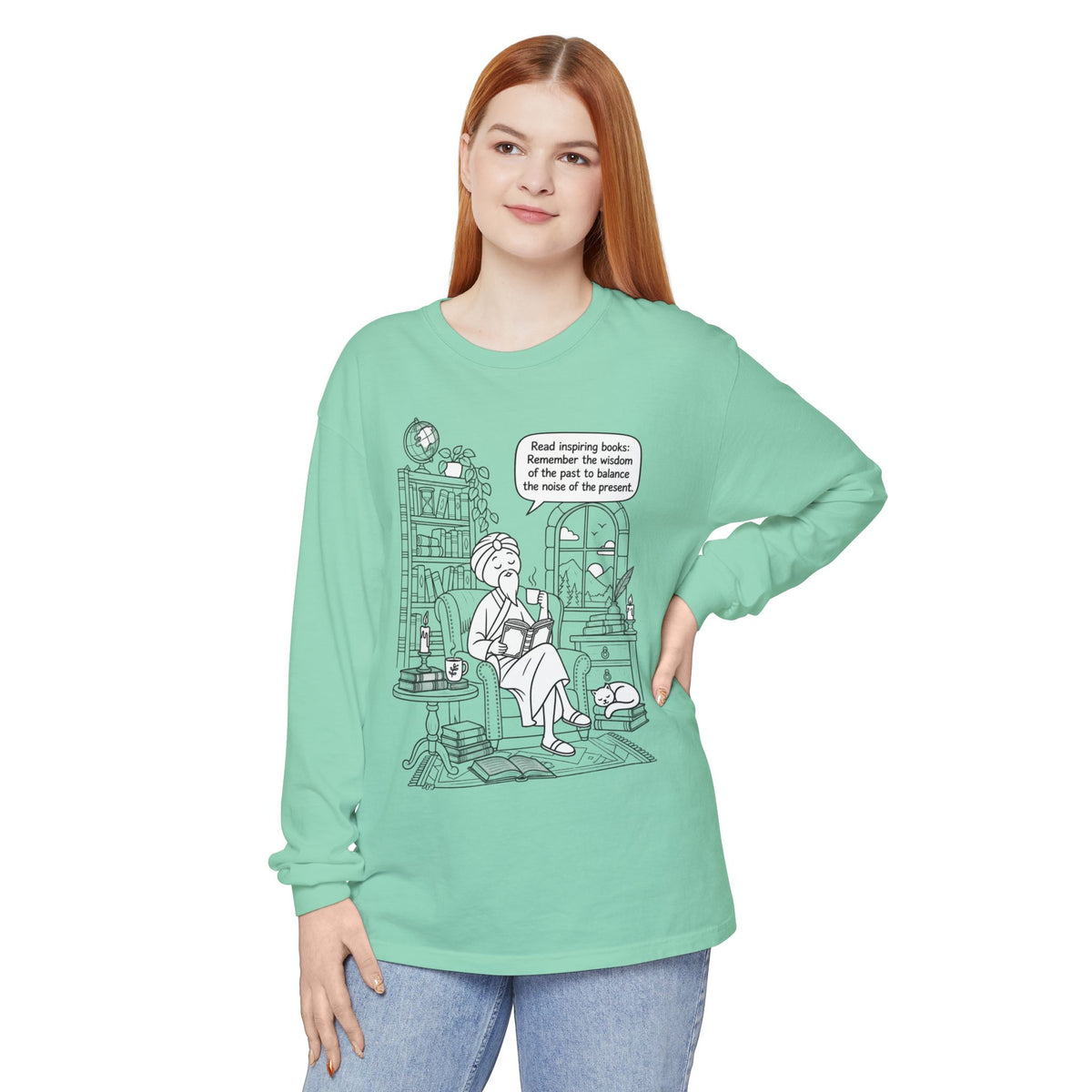 “Read inspiring books…” - Long Sleeve T‑Shirt — Cozy Reading Nook Design