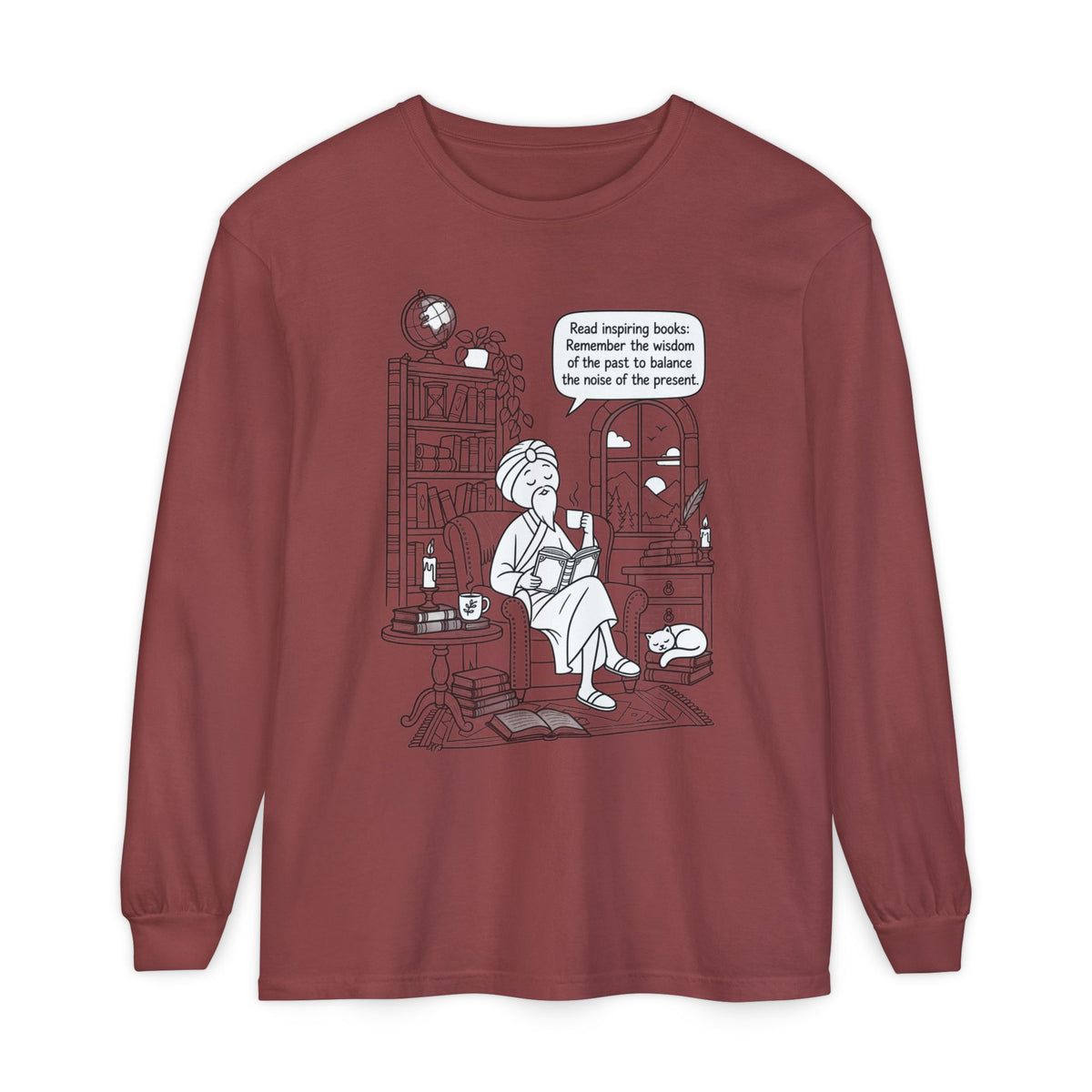 “Read inspiring books…” - Long Sleeve T‑Shirt — Cozy Reading Nook Design