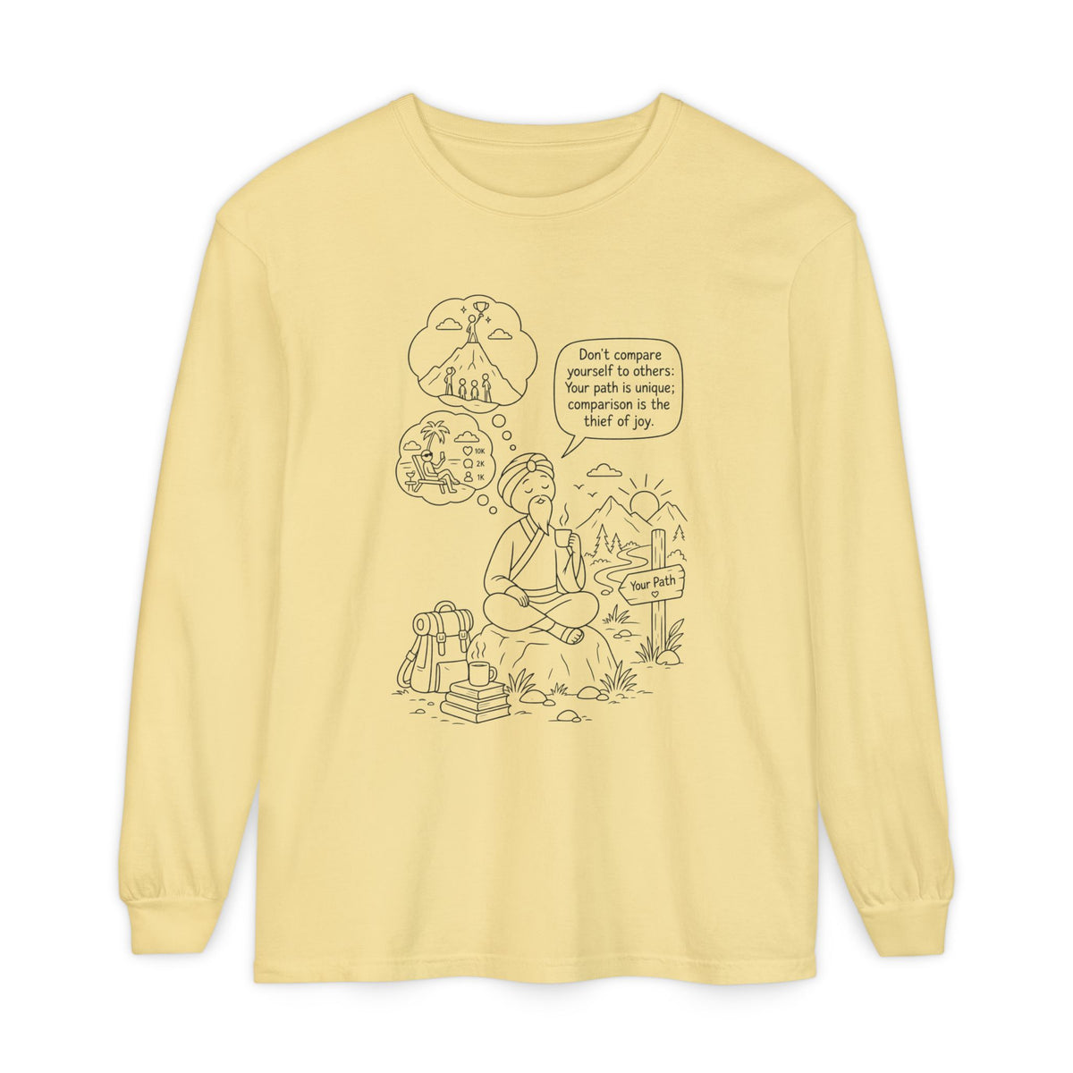Hiker Comic Long Sleeve Tee — "Don’t Compare Yourself" Inspirational Outdoor Shirt
