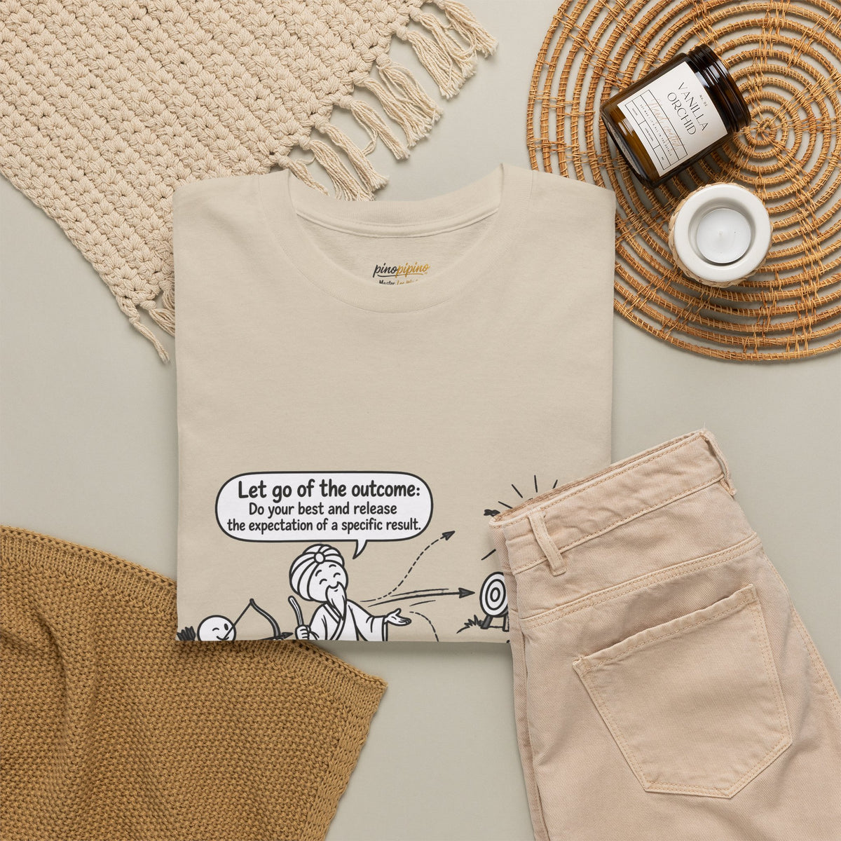 T-Shirt — Cartoon Zen Comic: "Let go of the outcome" Mindfulness Tee