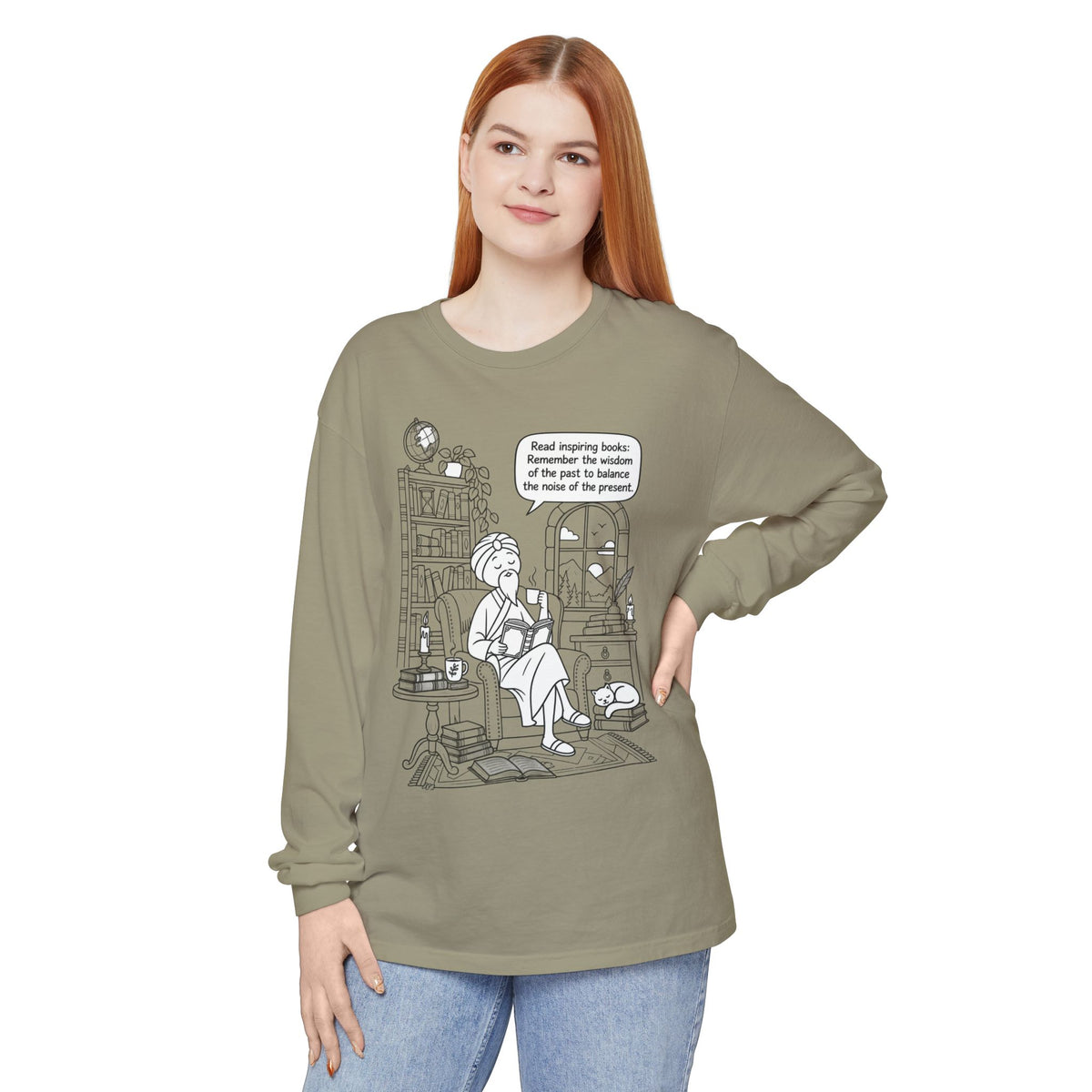 “Read inspiring books…” - Long Sleeve T‑Shirt — Cozy Reading Nook Design