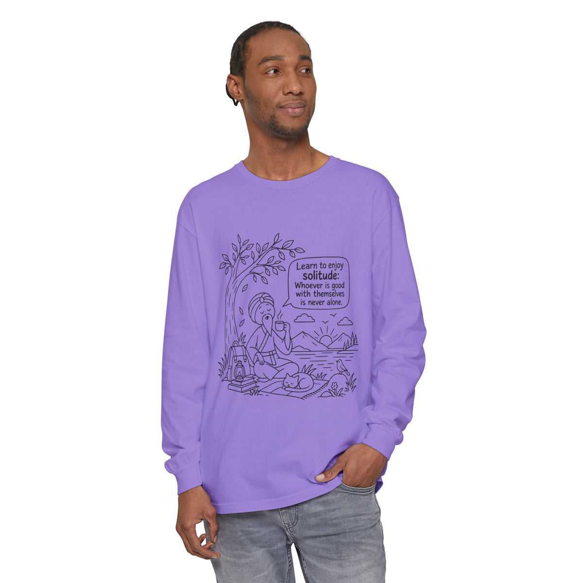 Long Sleeve T-Shirt — "Learn to Enjoy Solitude" Outdoor Meditation Graphic