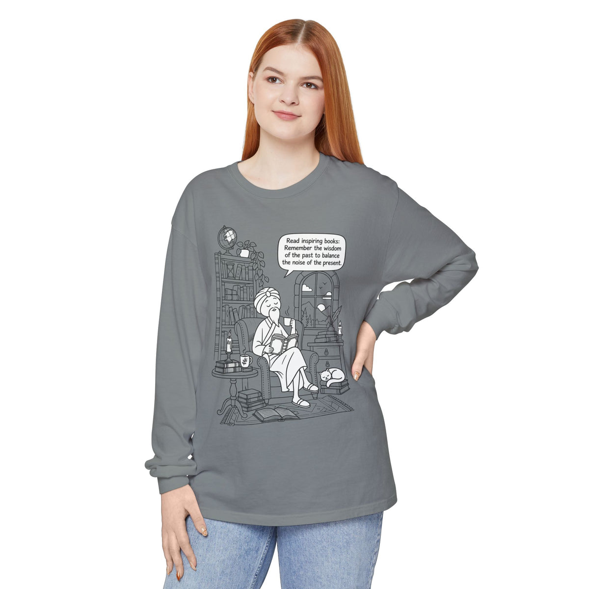 “Read inspiring books…” - Long Sleeve T‑Shirt — Cozy Reading Nook Design