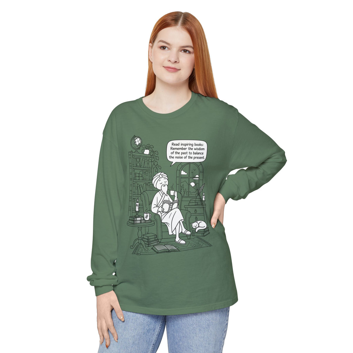 “Read inspiring books…” - Long Sleeve T‑Shirt — Cozy Reading Nook Design