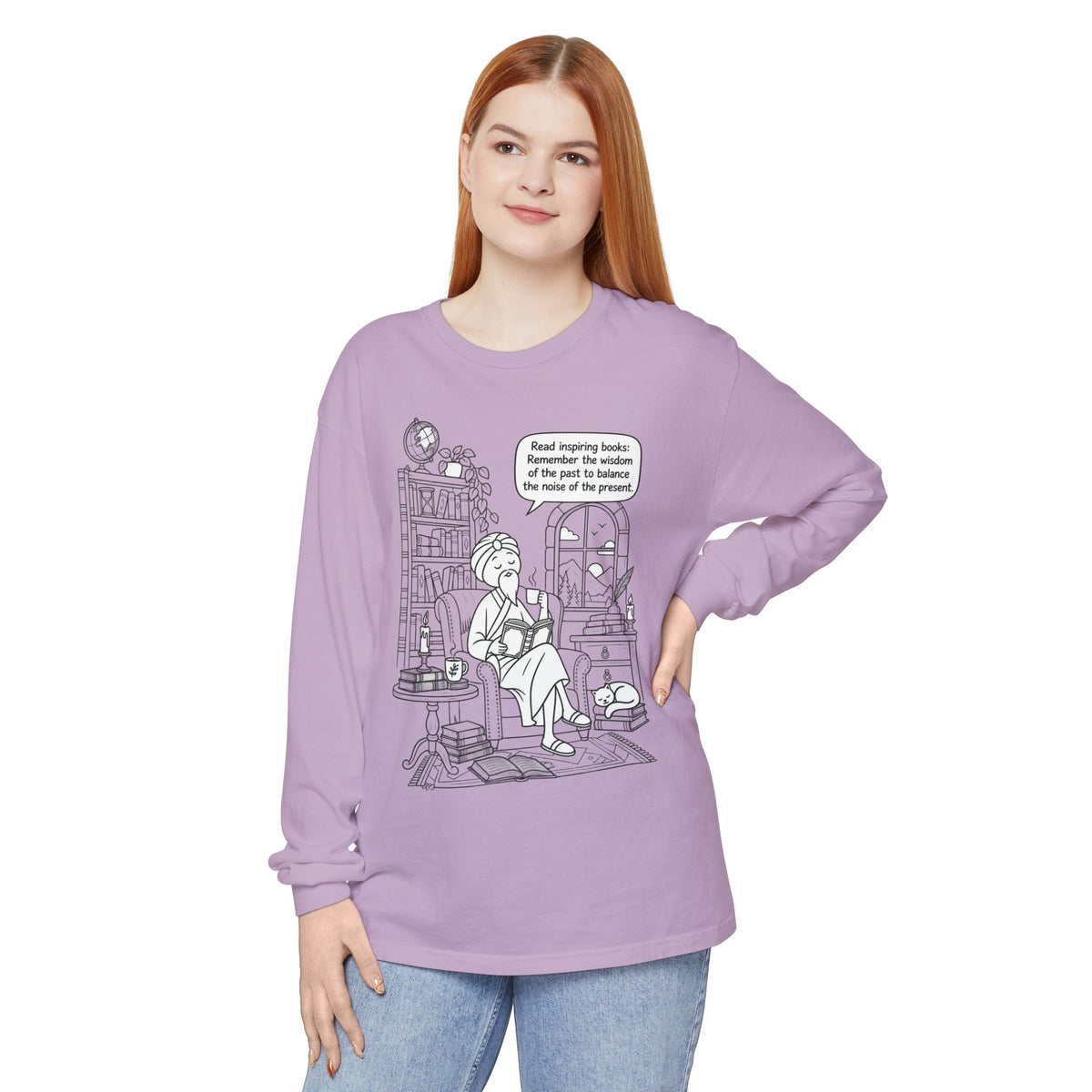 “Read inspiring books…” - Long Sleeve T‑Shirt — Cozy Reading Nook Design