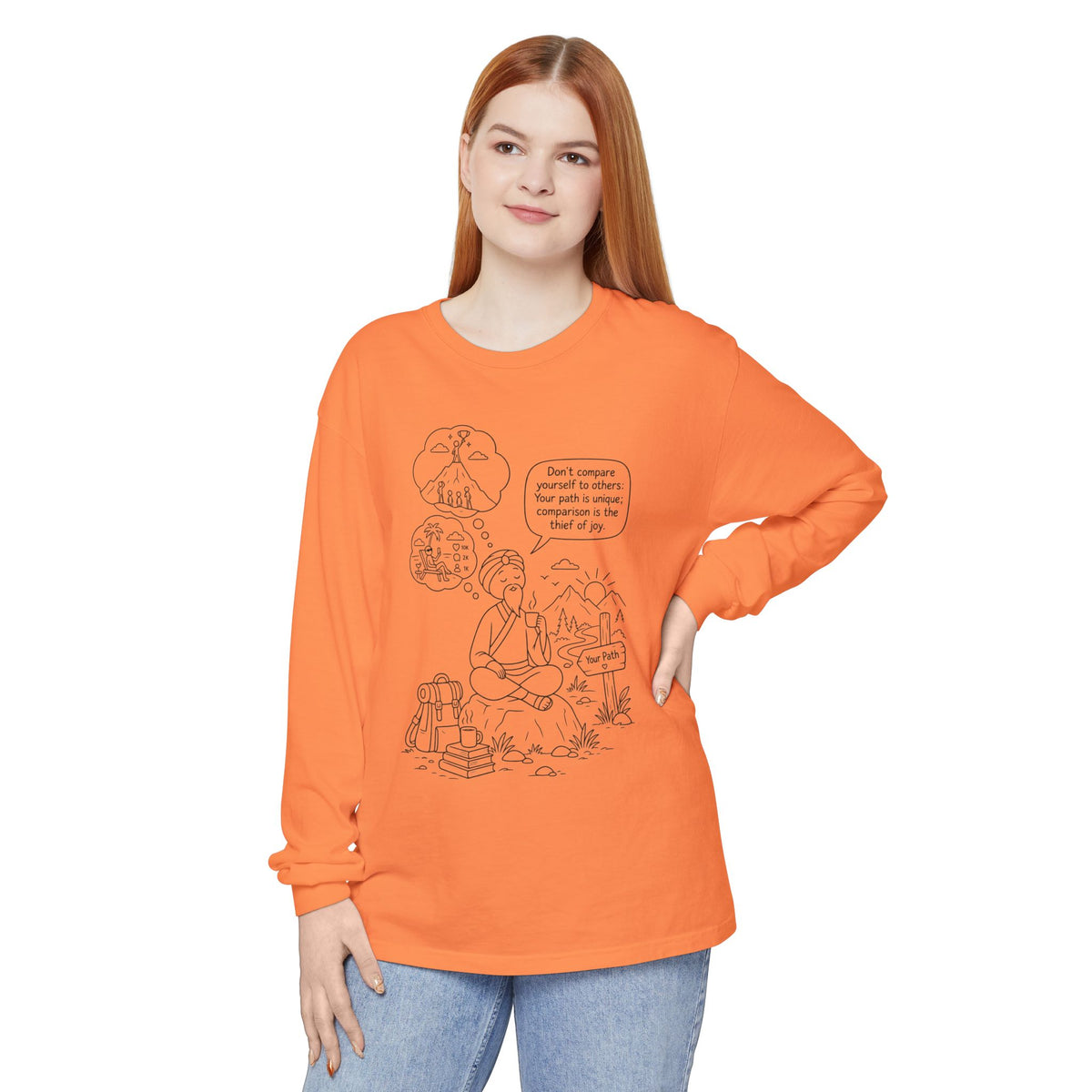 Hiker Comic Long Sleeve Tee — "Don’t Compare Yourself" Inspirational Outdoor Shirt