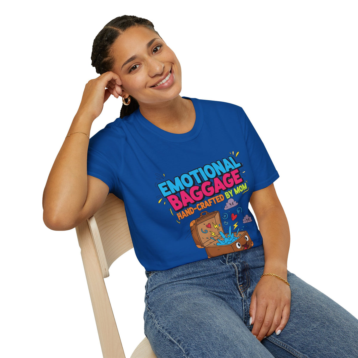 "Emotional Baggage T-Shirt — Hand-Crafted by Mom" Cute Cartoon Luggage Tee