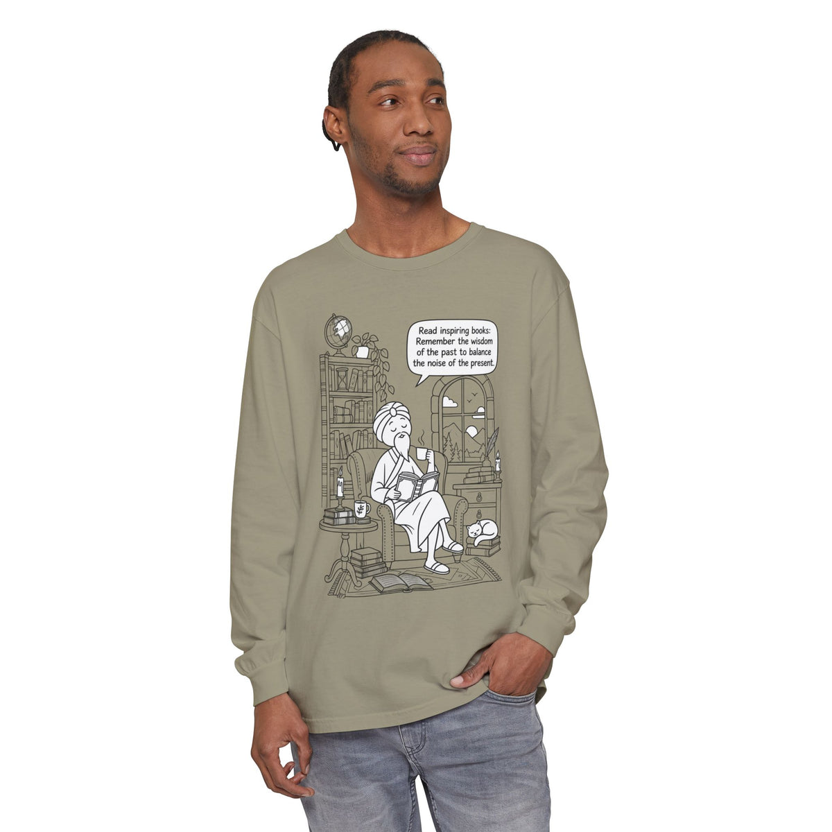 “Read inspiring books…” - Long Sleeve T‑Shirt — Cozy Reading Nook Design