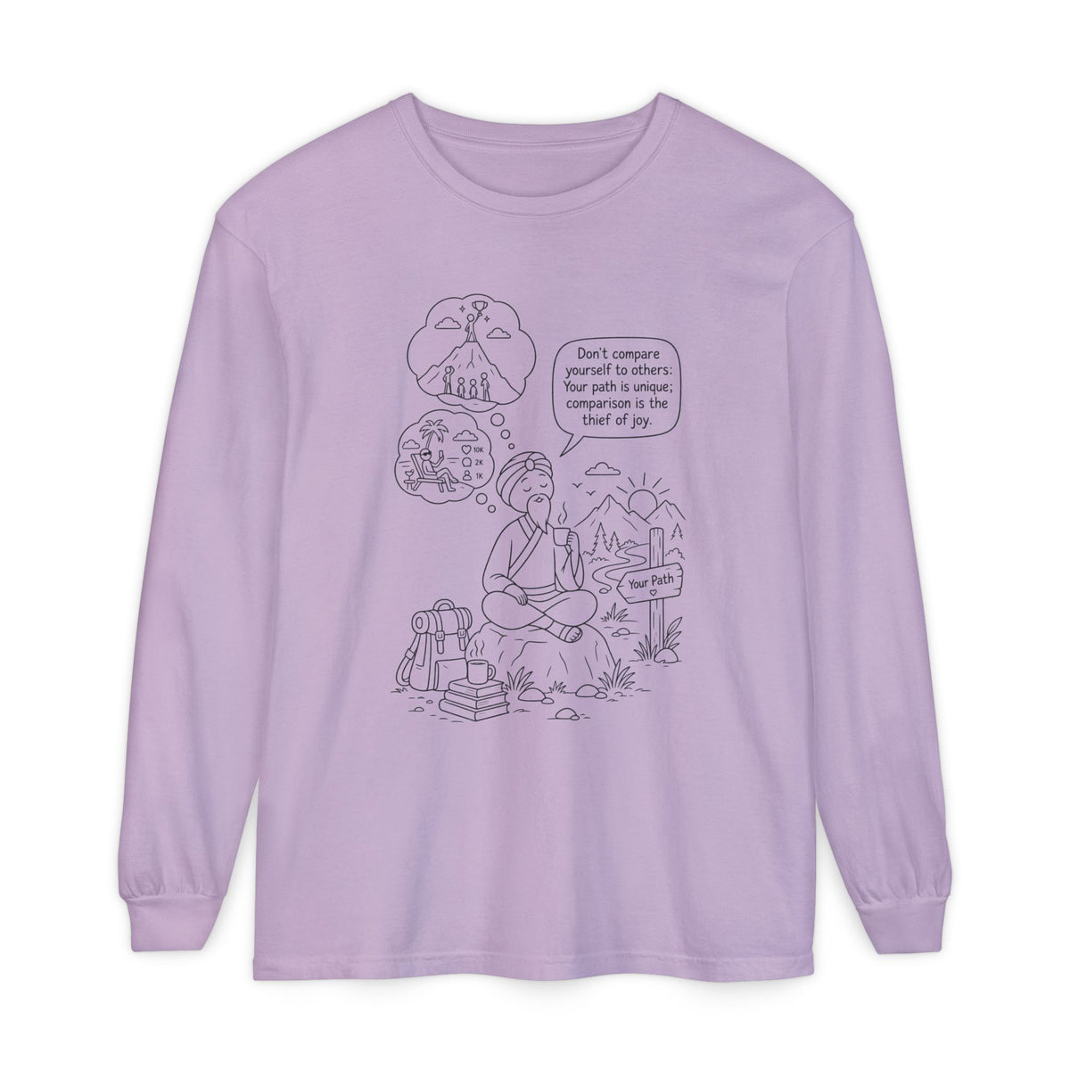 Hiker Comic Long Sleeve Tee — "Don’t Compare Yourself" Inspirational Outdoor Shirt