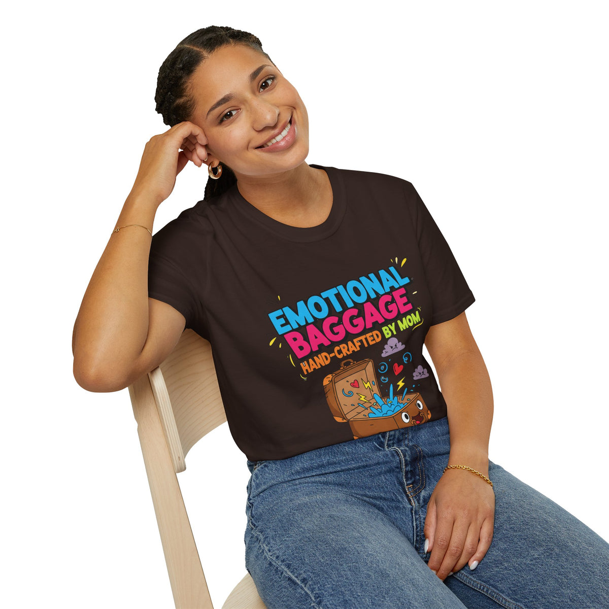 "Emotional Baggage T-Shirt — Hand-Crafted by Mom" Cute Cartoon Luggage Tee