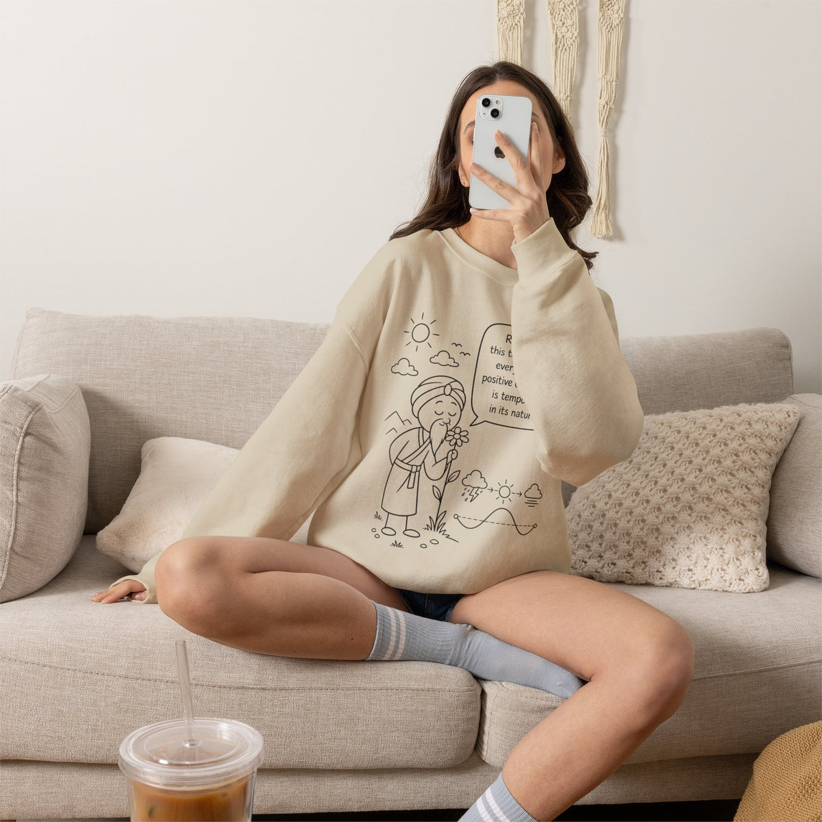 Inspirational Quote Crewneck Sweatshirt — "Remember this too shall pass" Minimal Line Art